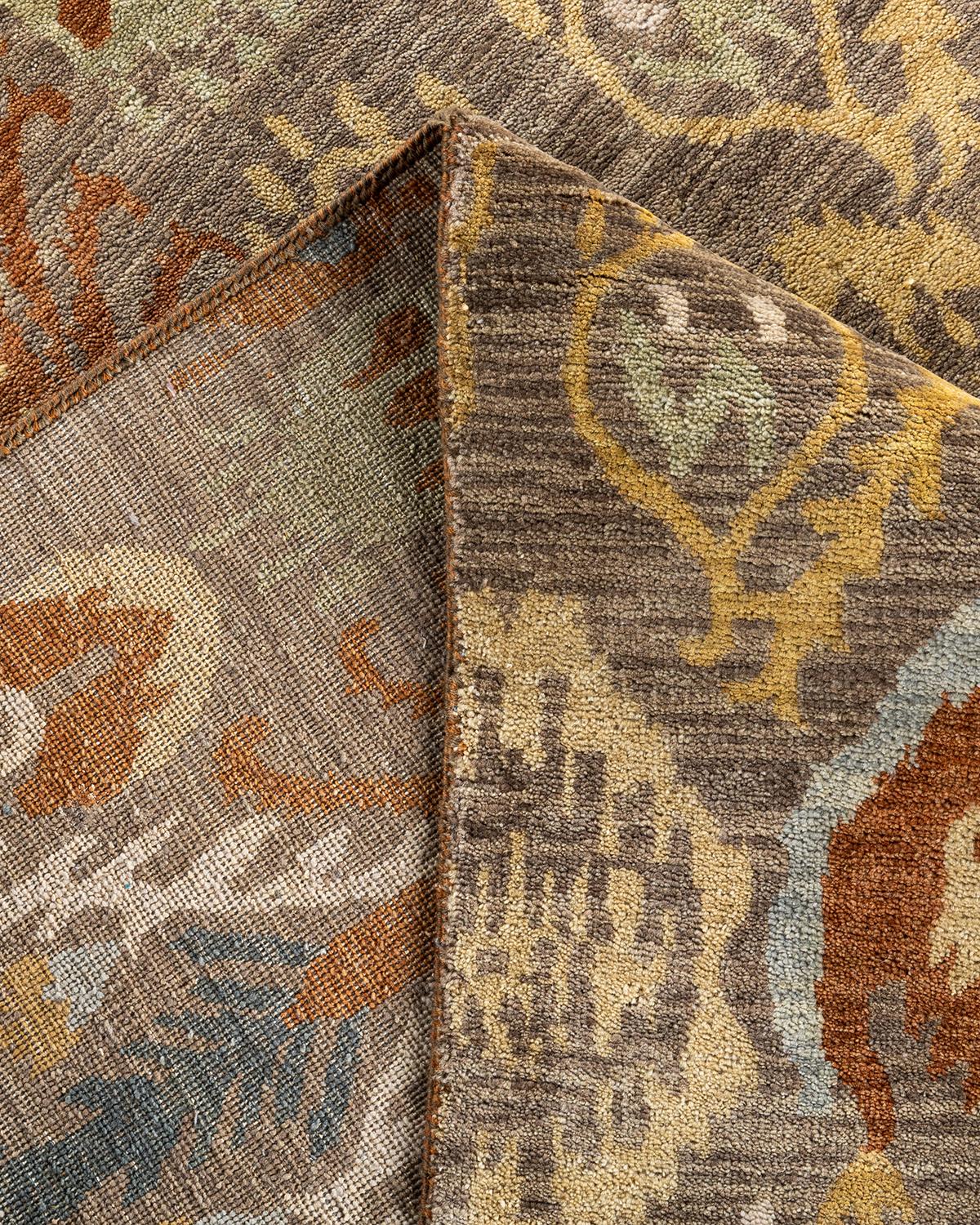XXI secolo e contemporaneo Traditional Ikat Hand Knots Rugs, tappeto floreale in lana color ruggine, 9' 0