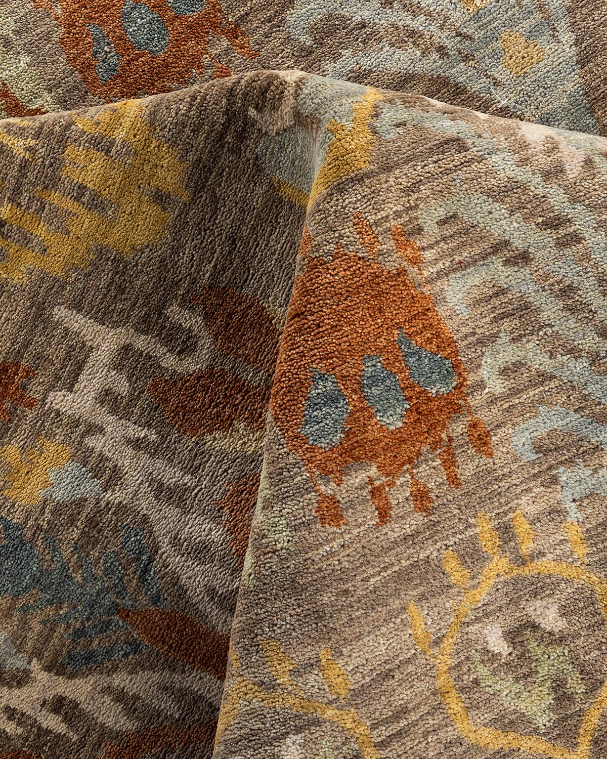 Lana Traditional Ikat Hand Knots Rugs, tappeto floreale in lana color ruggine, 9' 0