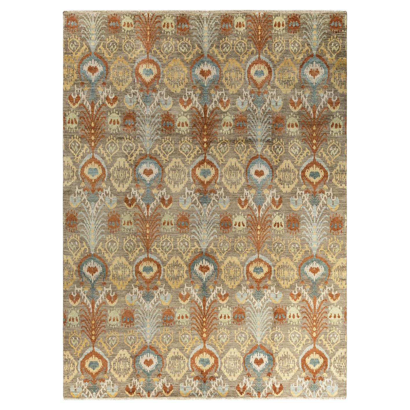 Traditional Ikat Hand Knots Rugs, tappeto floreale in lana color ruggine, 9' 0" x 12' 1".