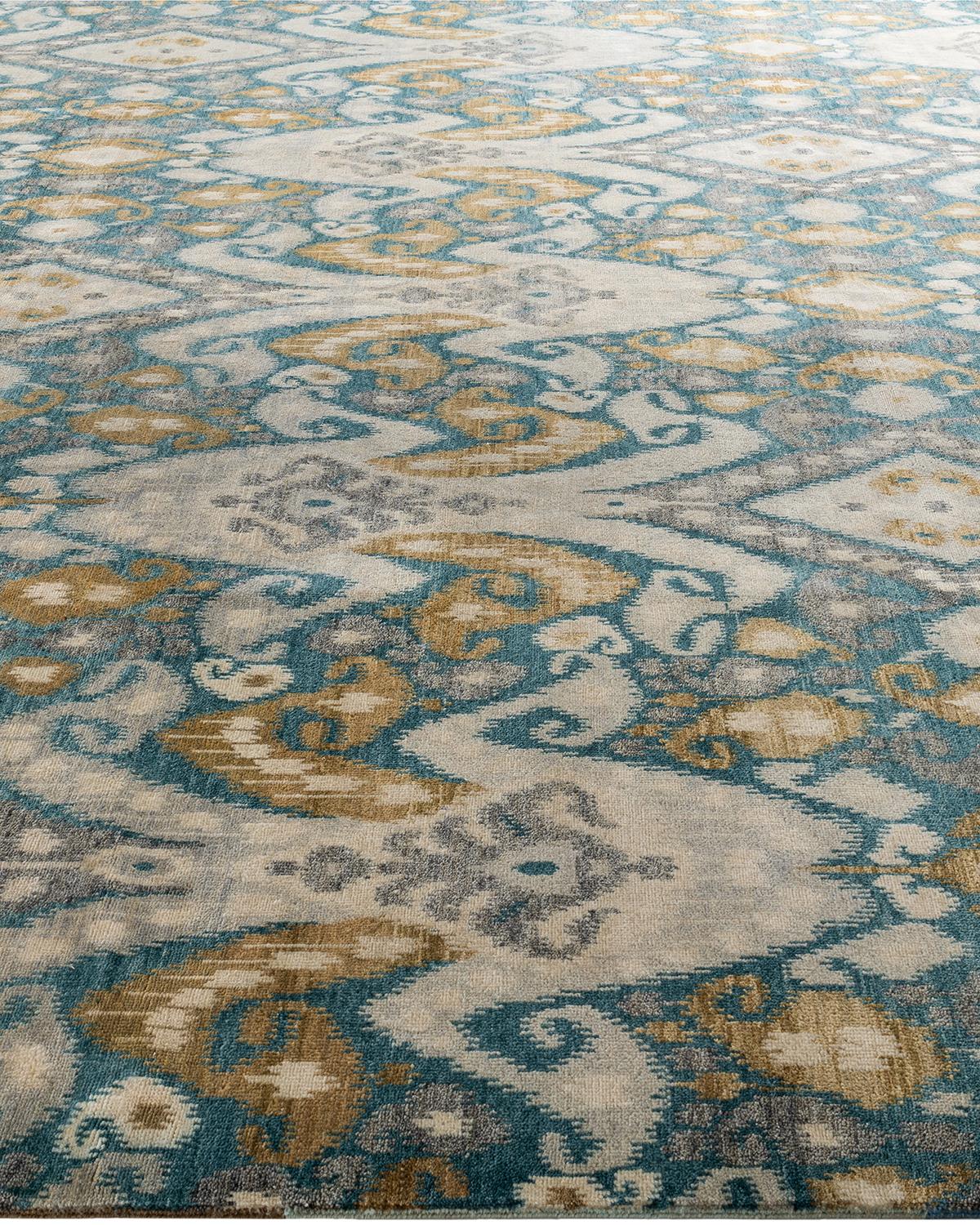 Hand-Knotted Traditional Ikat Hand Knotted Floral Wool Teal Area Rug 9' 1
