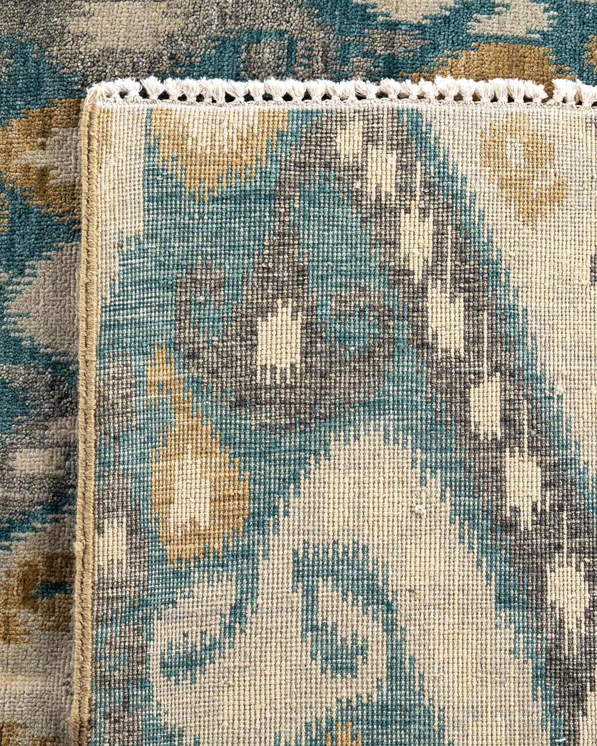 Traditional Ikat Hand Knotted Floral Wool Teal Area Rug 9' 1