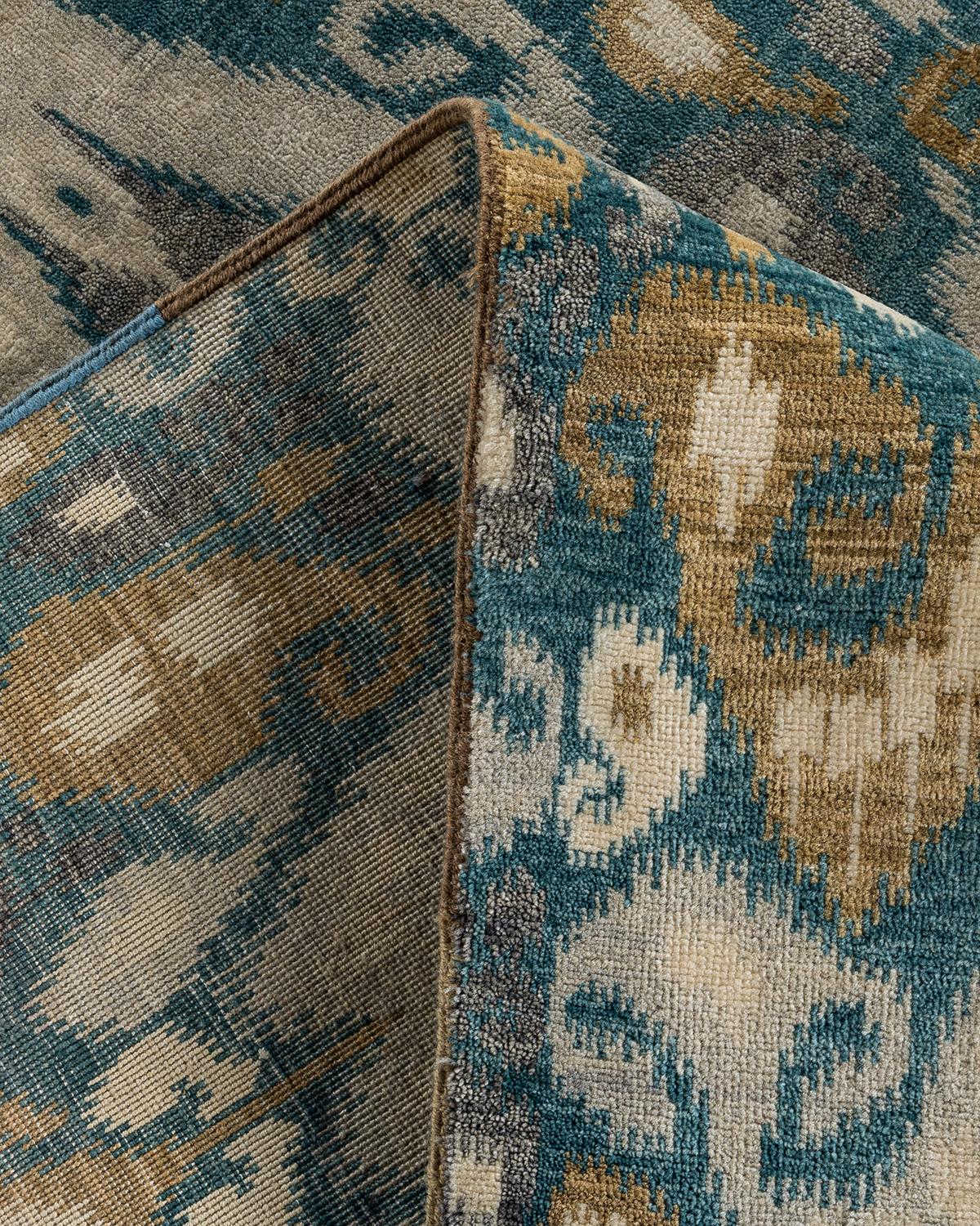 Contemporary Traditional Ikat Hand Knotted Floral Wool Teal Area Rug 9' 1