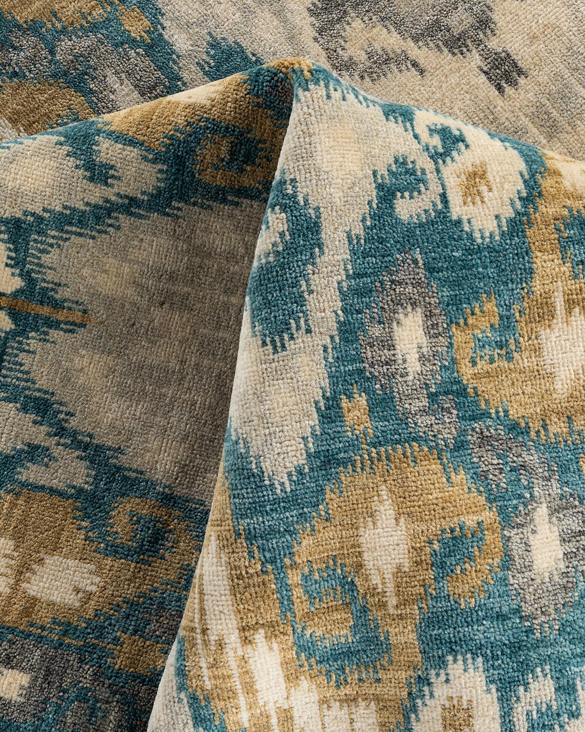 Traditional Ikat Hand Knotted Floral Wool Teal Area Rug 9' 1