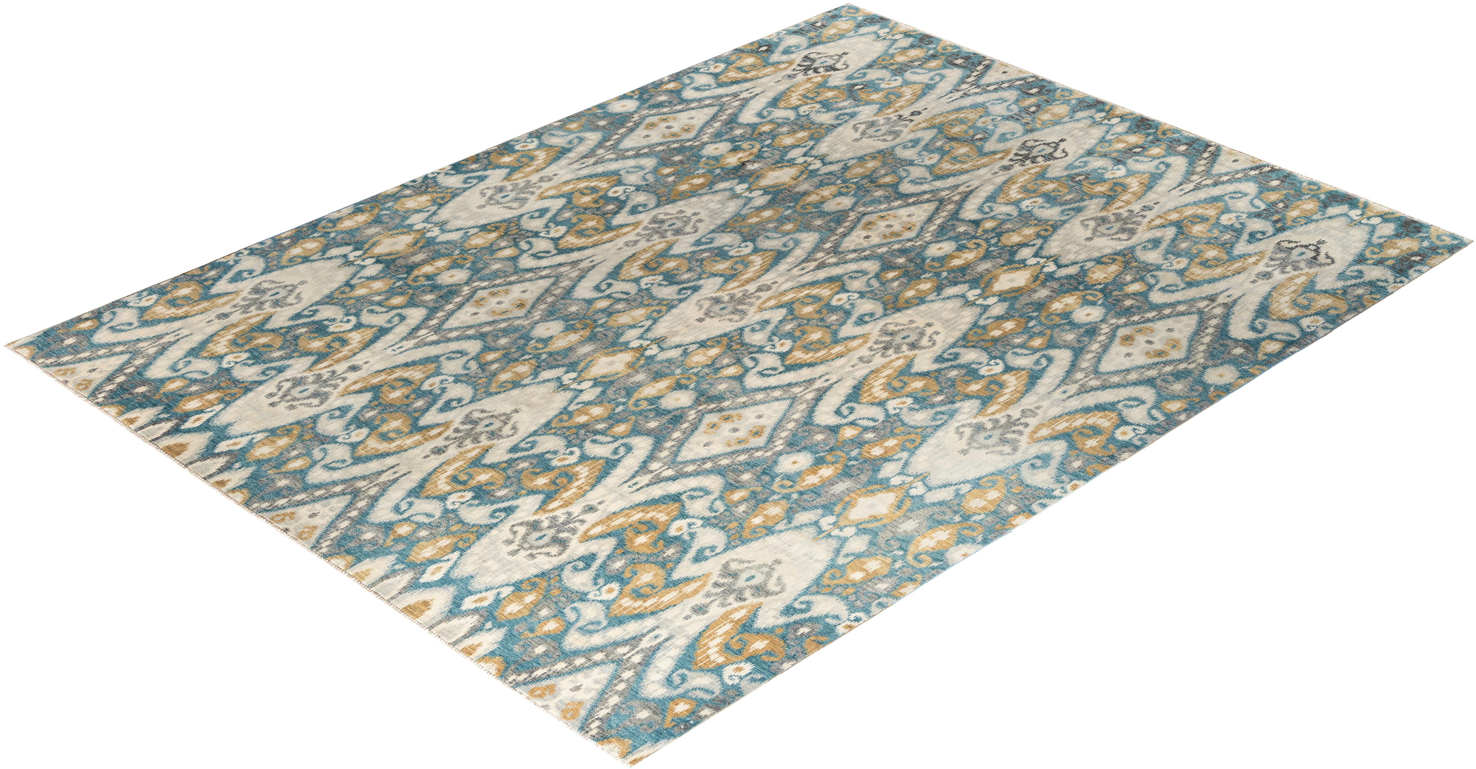 Traditional Ikat Hand Knotted Floral Wool Teal Area Rug 9' 1