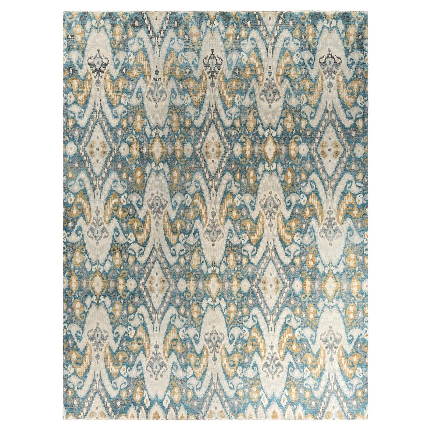 Traditional Ikat Hand Knotted Floral Wool Teal Area Rug 9' 1" x 12' 1" For Sale