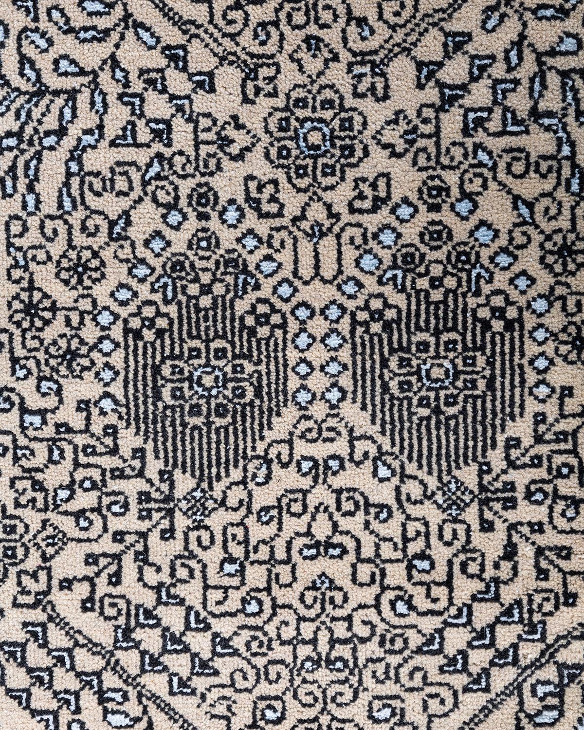 Ikat Tradicional Alfombra Geométrica Anudada a Mano de Seda y Lana Beige 8' 1