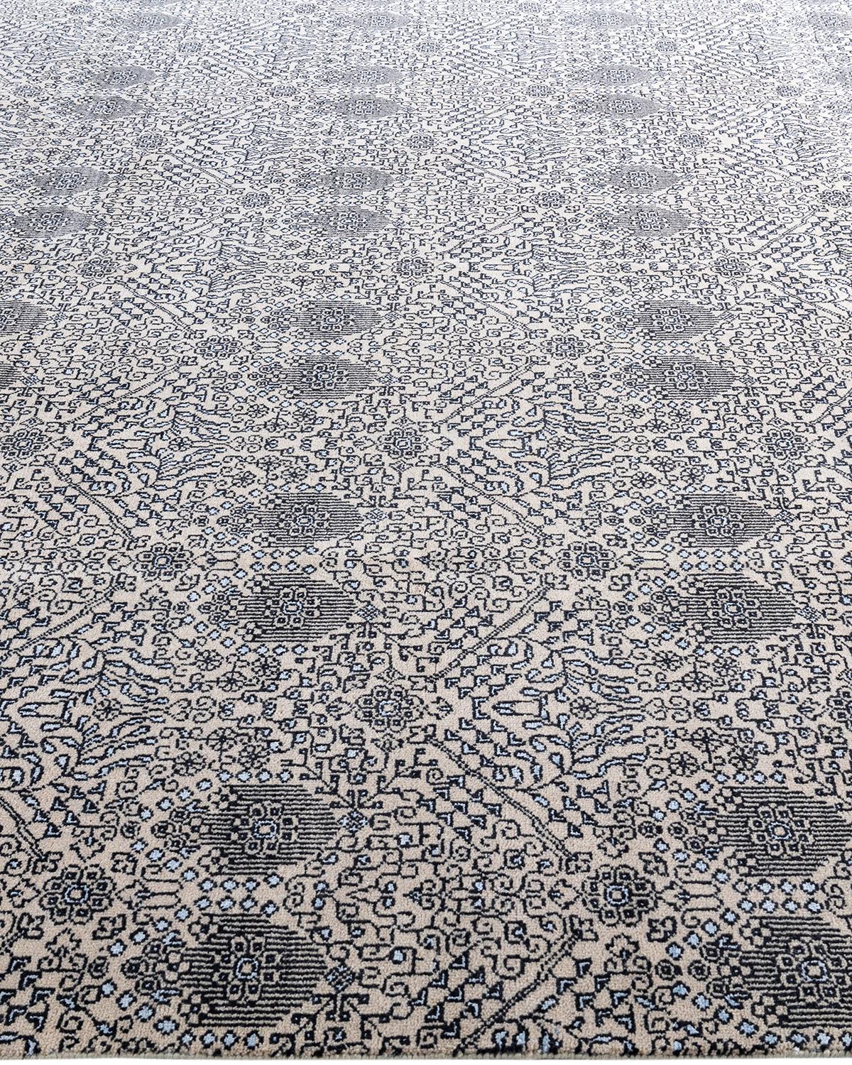 Ikat Tradicional Alfombra Geométrica Anudada a Mano de Seda y Lana Beige 8' 1