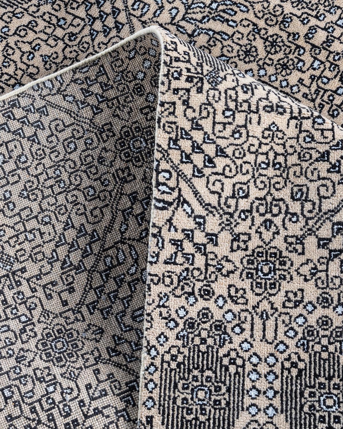 Ikat Tradicional Alfombra Geométrica Anudada a Mano de Seda y Lana Beige 8' 1