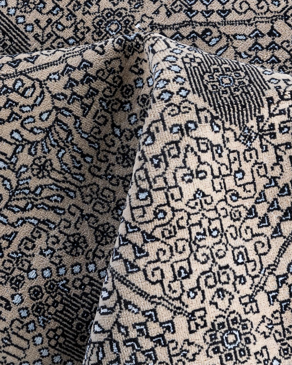 Ikat Tradicional Alfombra Geométrica Anudada a Mano de Seda y Lana Beige 8' 1