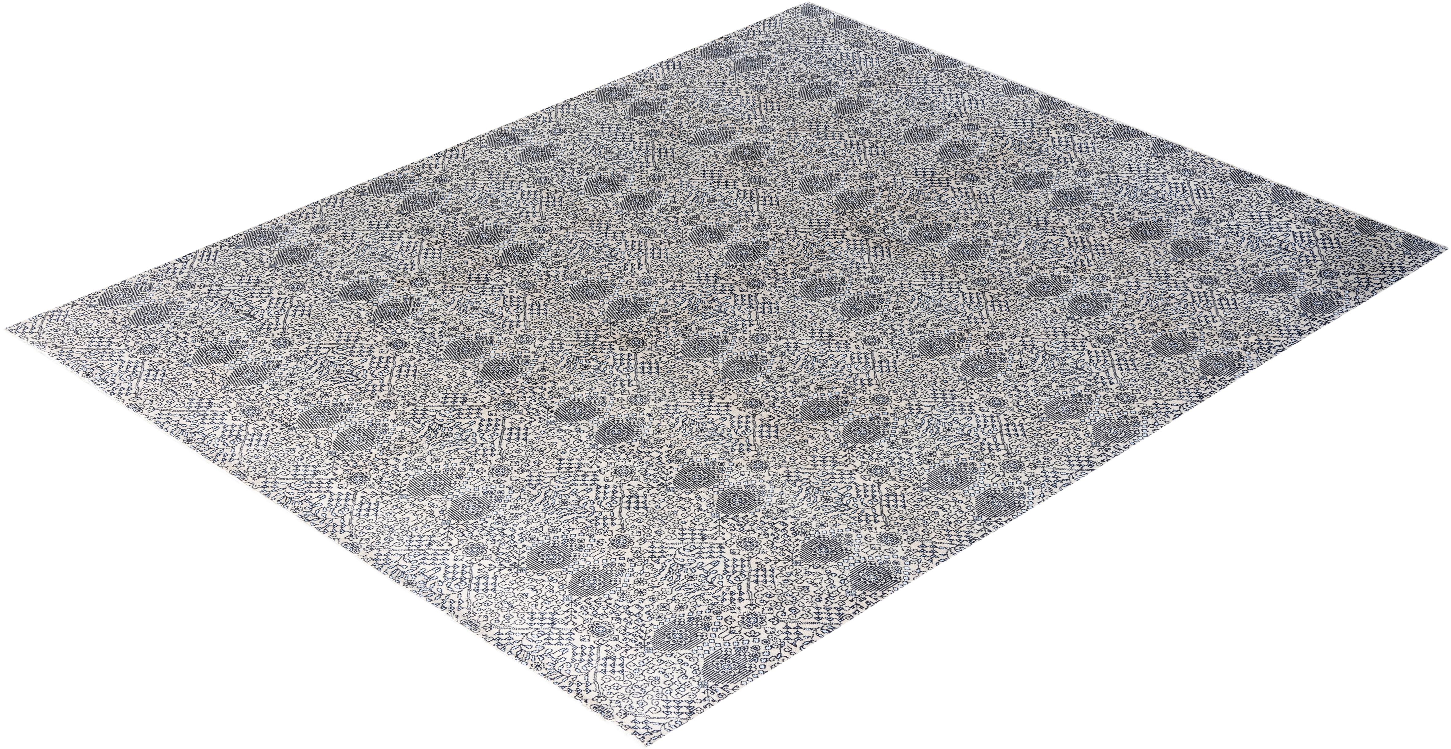 Ikat Tradicional Alfombra Geométrica Anudada a Mano de Seda y Lana Beige 8' 1