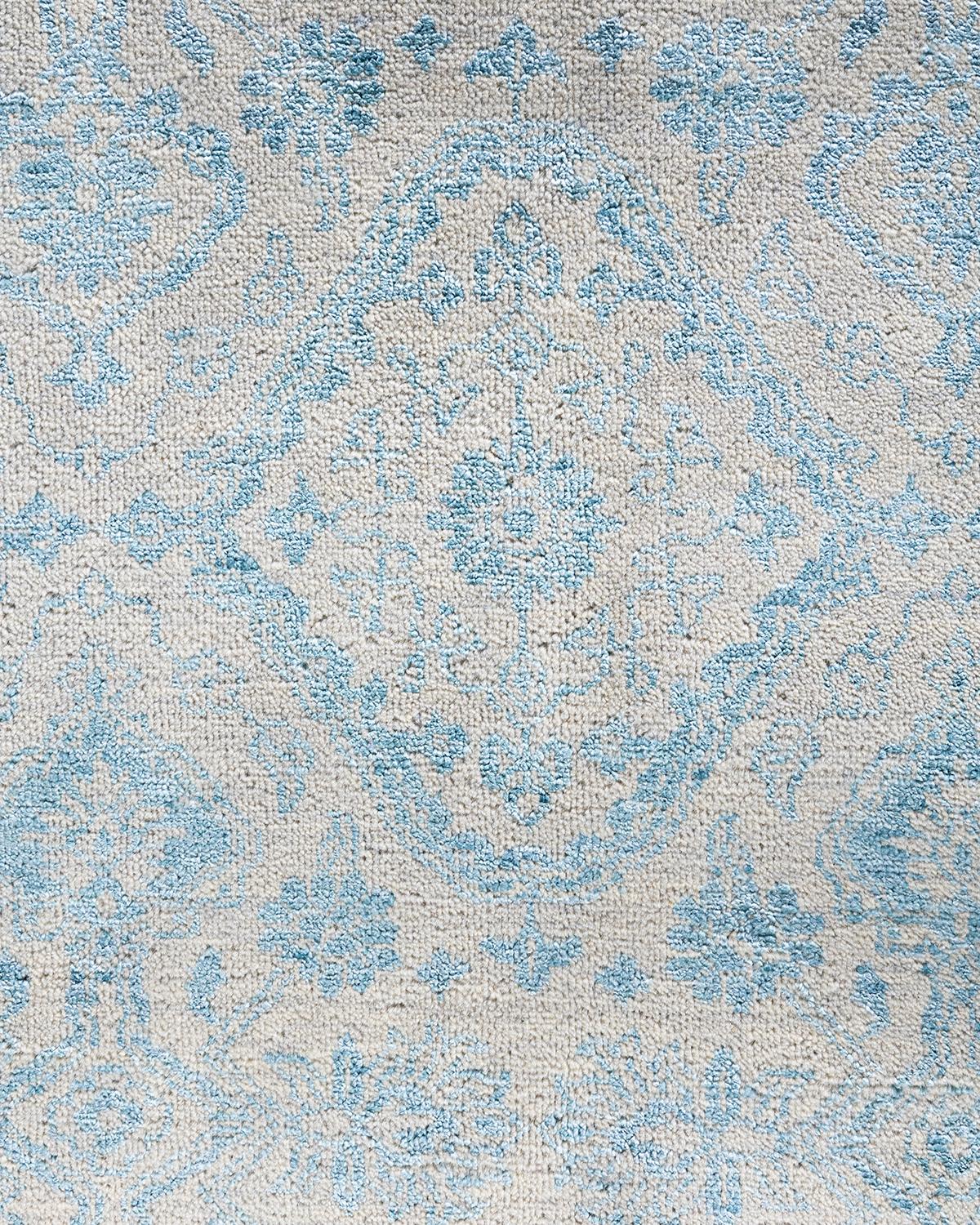 Traditioneller handgeknüpfter geometrischer Ikat-Teppich aus Seide und Wolle in Beige, 9' 0