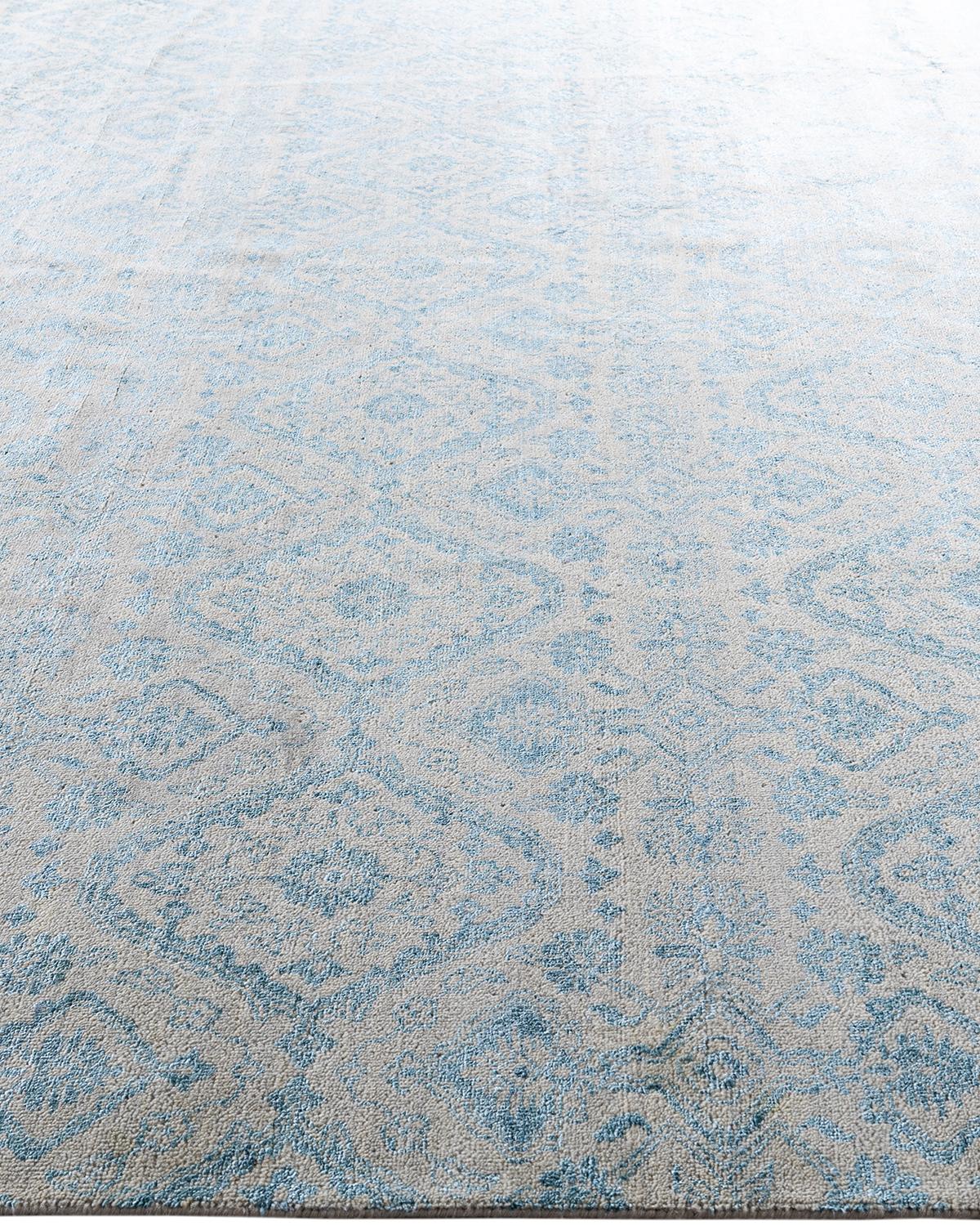 Traditioneller handgeknüpfter geometrischer Ikat-Teppich aus Seide und Wolle in Beige, 9' 0