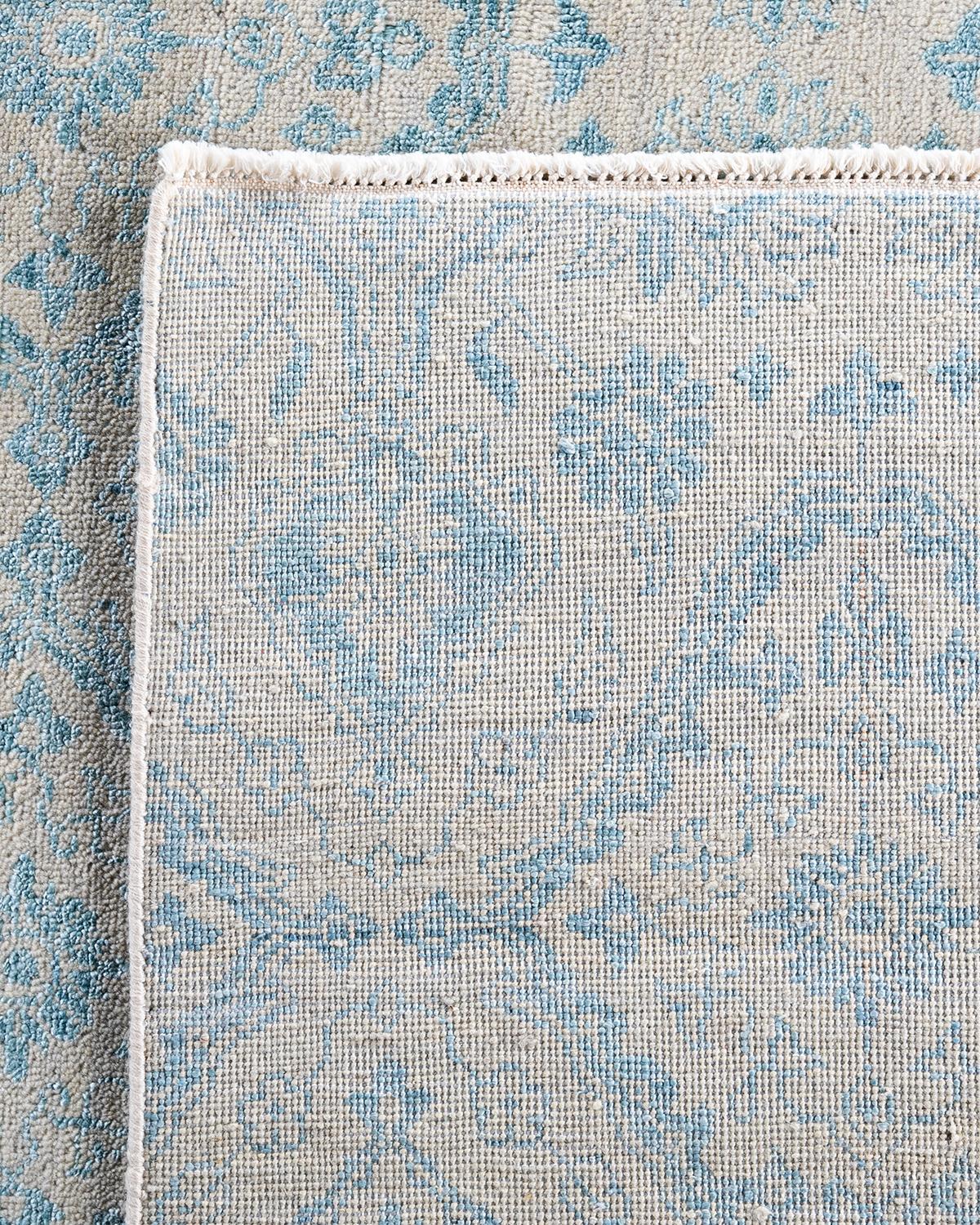 Traditioneller handgeknüpfter geometrischer Ikat-Teppich aus Seide und Wolle in Beige, 9' 0