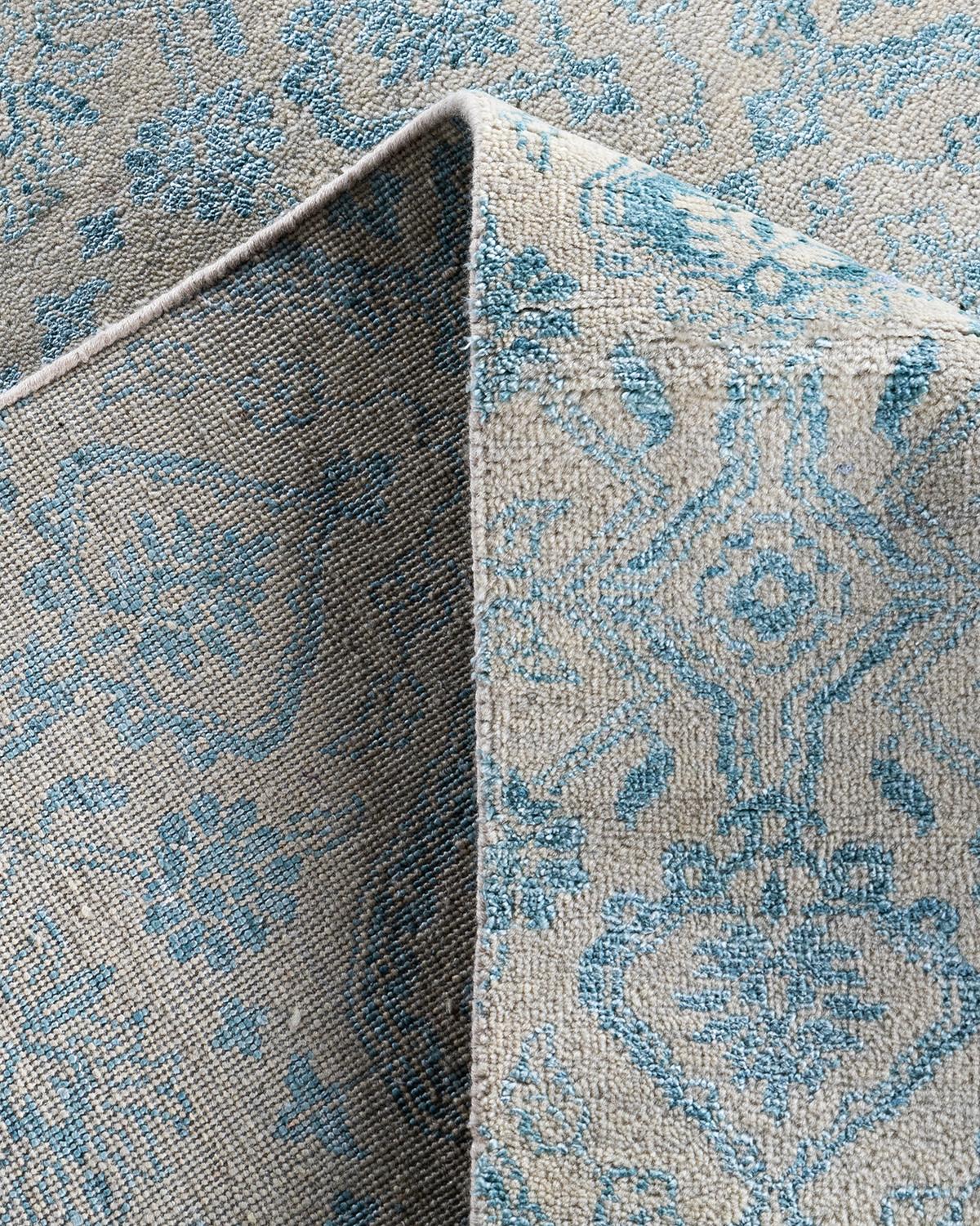 Traditioneller handgeknüpfter geometrischer Ikat-Teppich aus Seide und Wolle in Beige, 9' 0