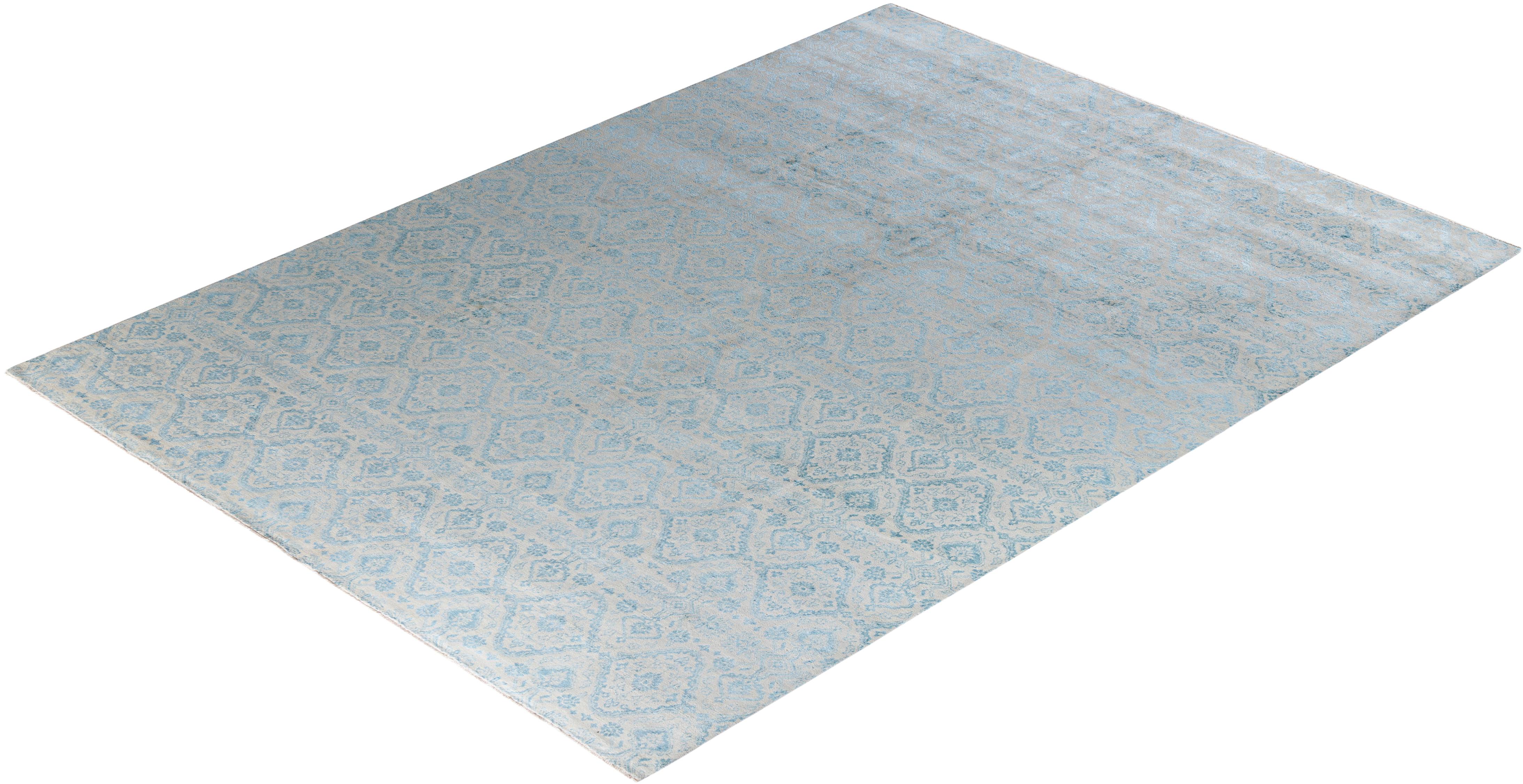Traditioneller handgeknüpfter geometrischer Ikat-Teppich aus Seide und Wolle in Beige, 9' 0