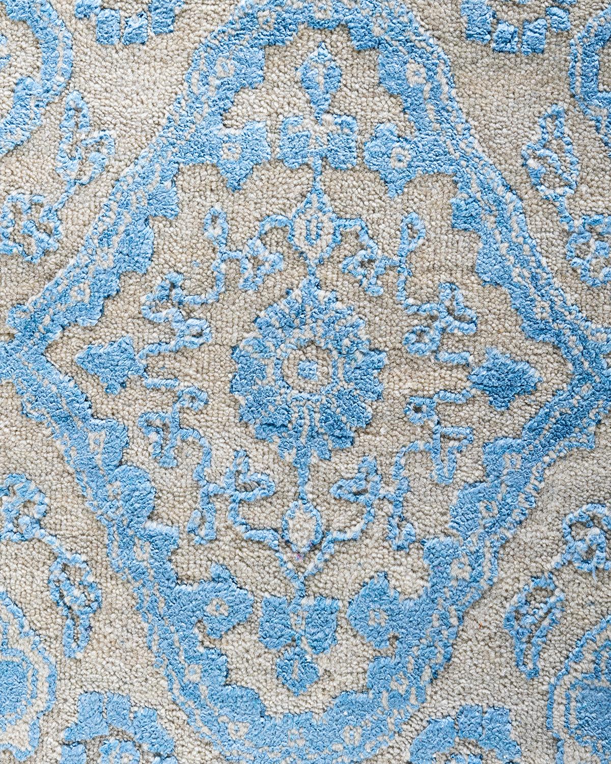 Indien Tapis traditionnel Ikat géométrique noué à la main en soie et laine beige 9' 3