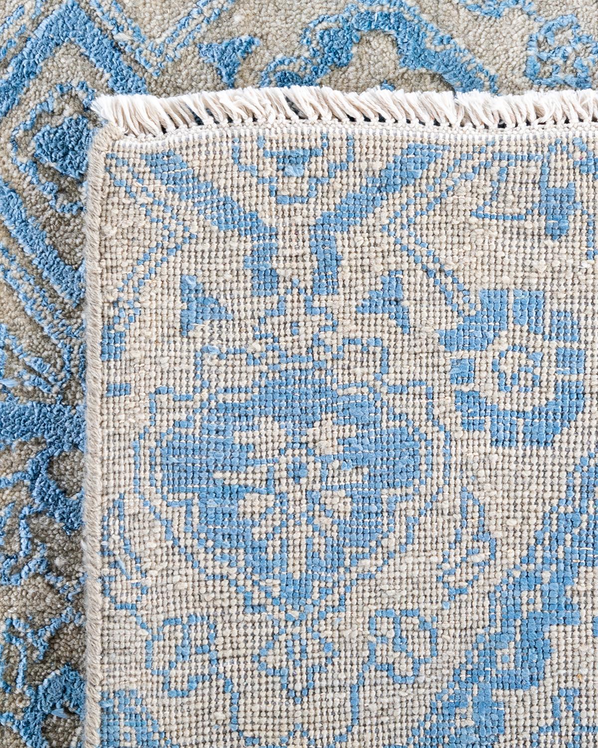 Tapis traditionnel Ikat géométrique noué à la main en soie et laine beige 9' 3