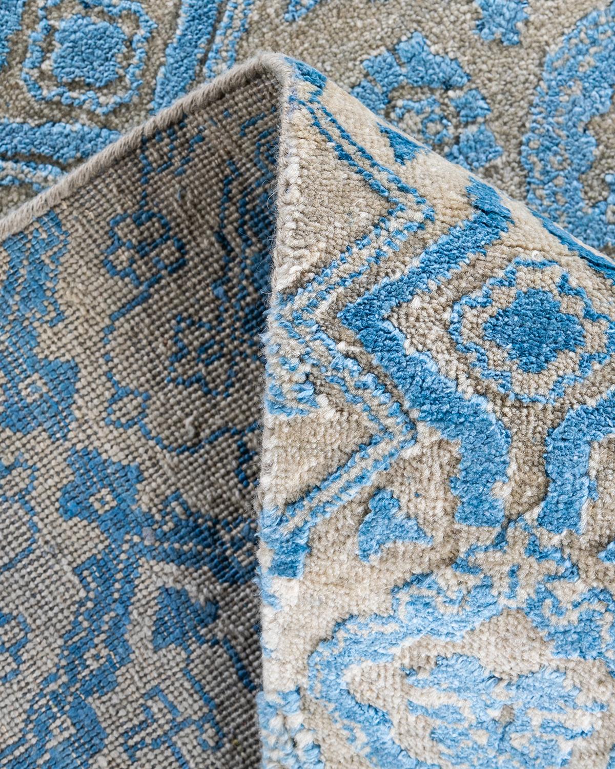 XXIe siècle et contemporain Tapis traditionnel Ikat géométrique noué à la main en soie et laine beige 9' 3