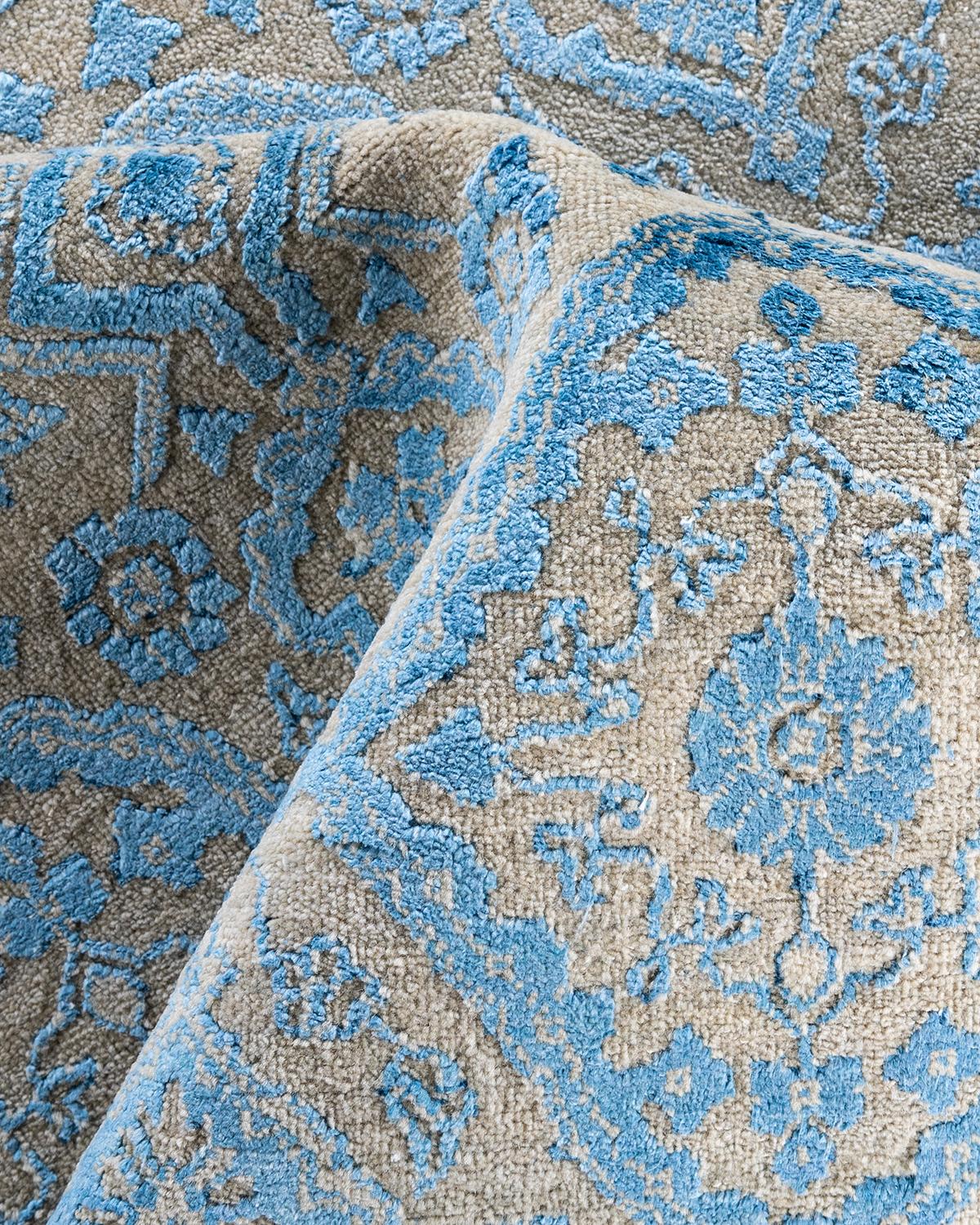 Laine Tapis traditionnel Ikat géométrique noué à la main en soie et laine beige 9' 3