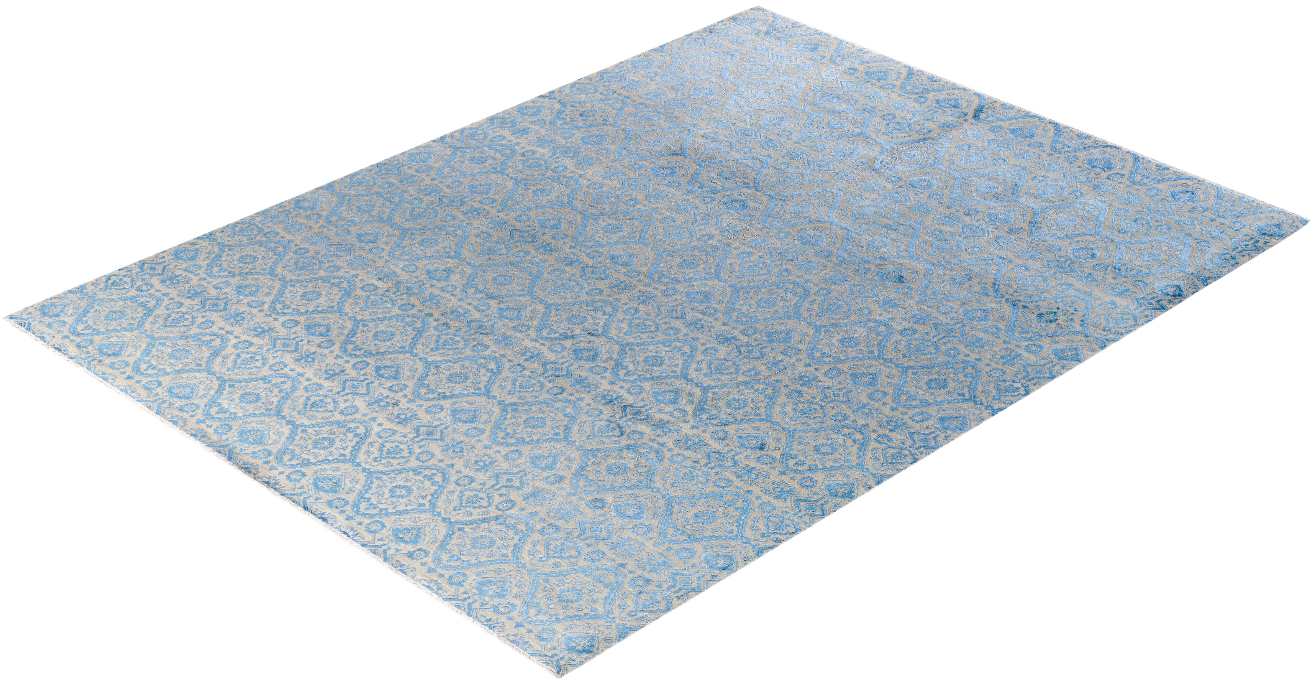 Tapis traditionnel Ikat géométrique noué à la main en soie et laine beige 9' 3