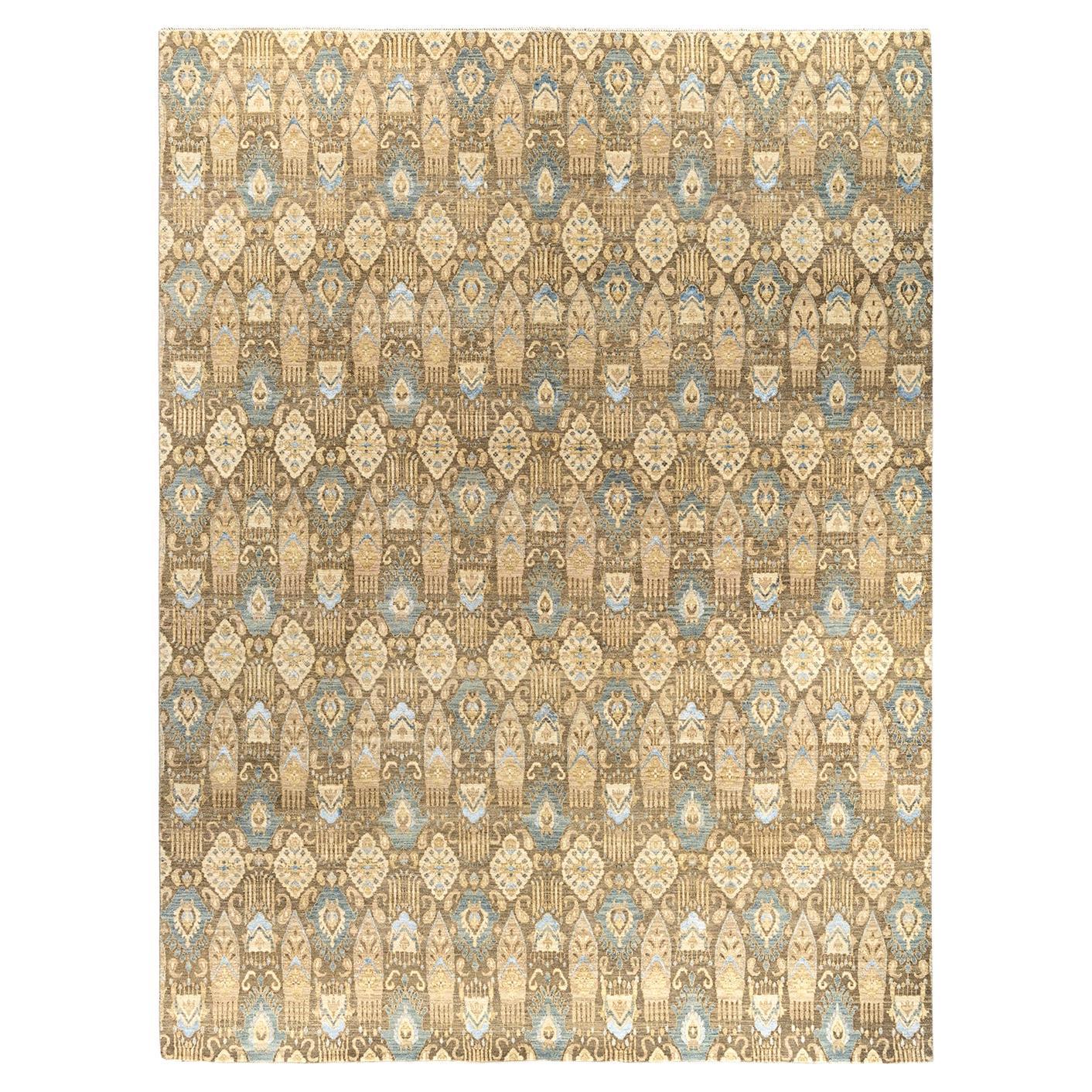 Traditional Ikat Hand Knotted Geometric Silk & Wool Brown Area Rug 9' 0" x 12'0"