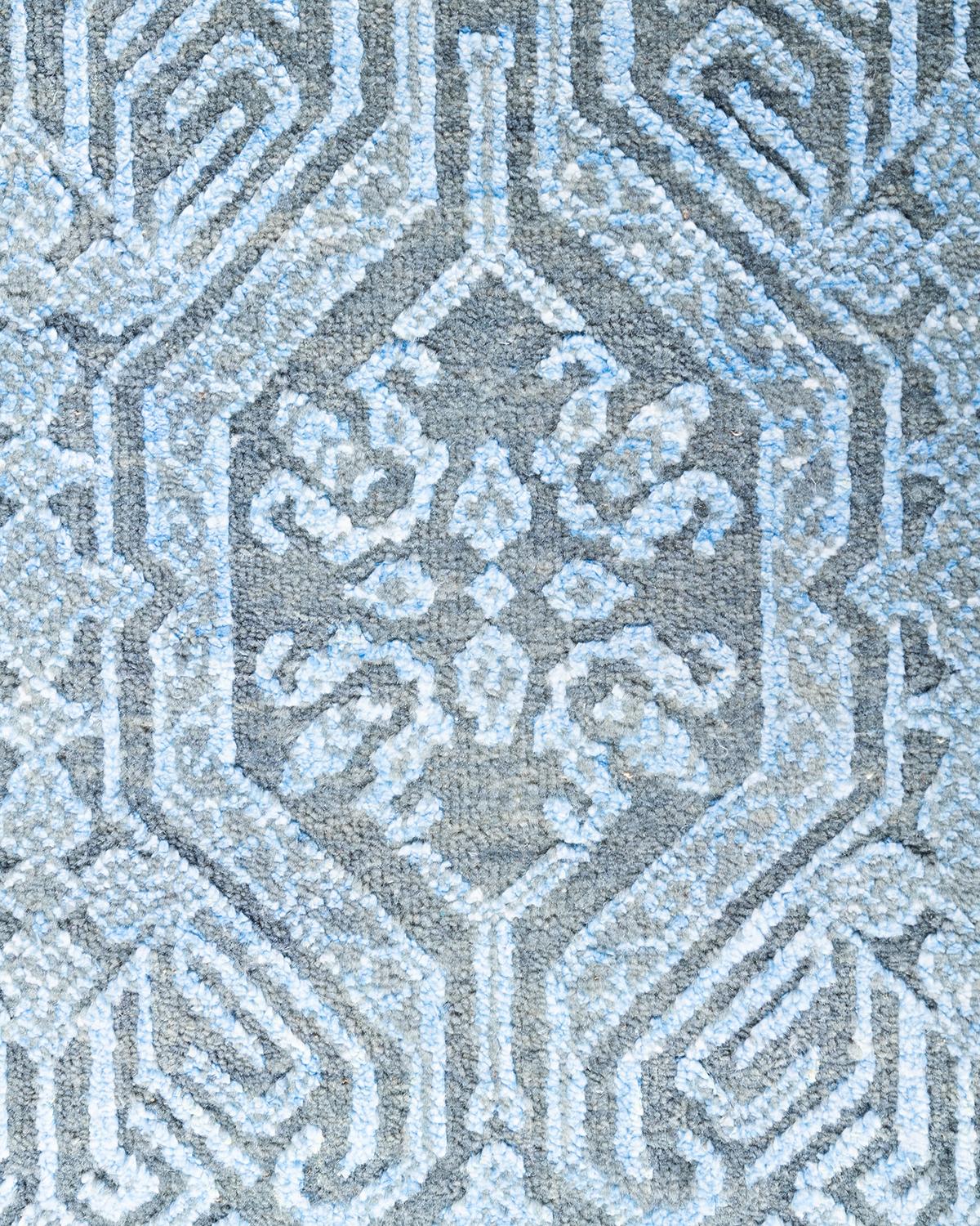 Traditioneller handgeknüpfter geometrischer Ikat-Teppich aus Seide und Wolle in Grau 7' 10