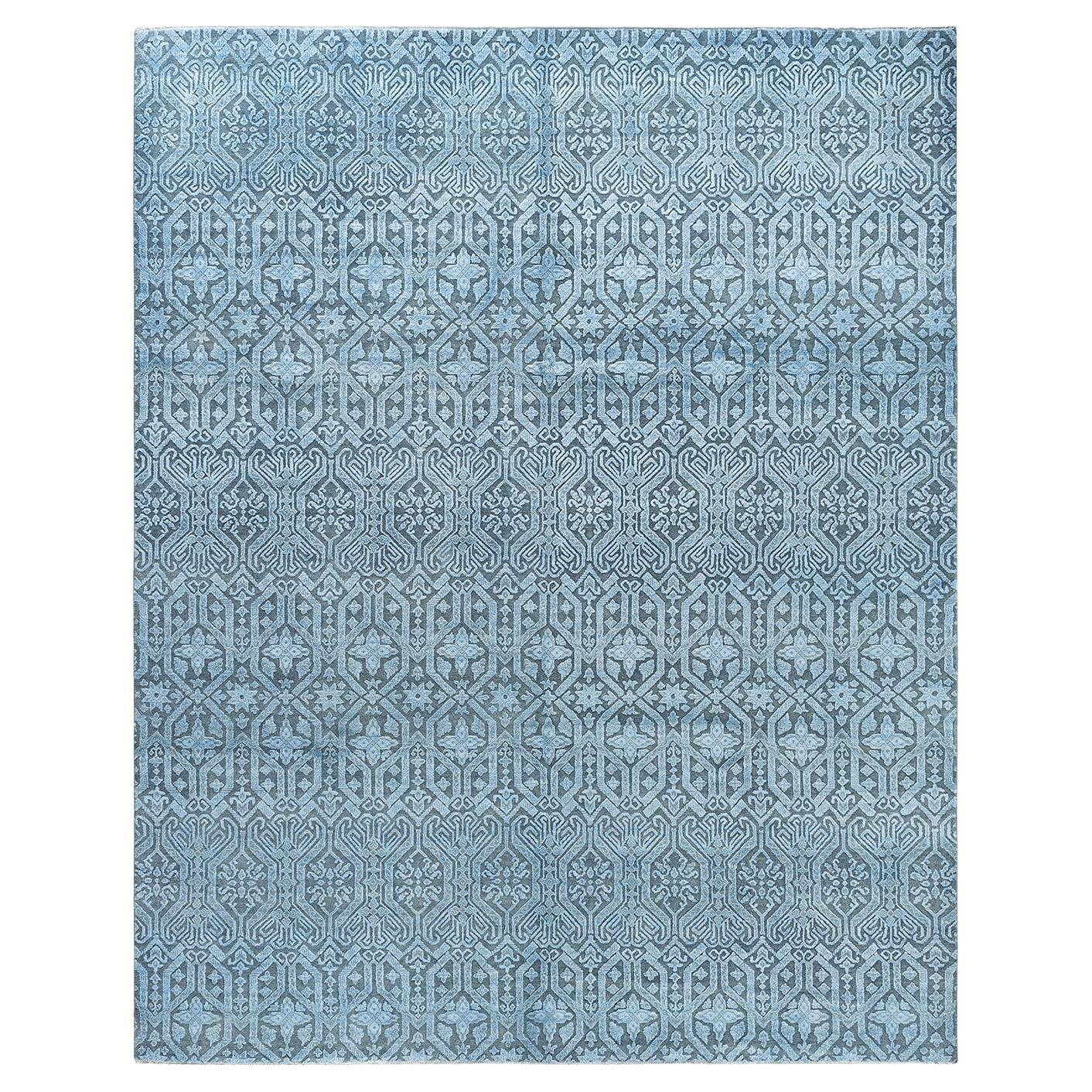 Traditioneller handgeknüpfter geometrischer Ikat-Teppich aus Seide und Wolle in Grau 7' 10" x 9'10"
