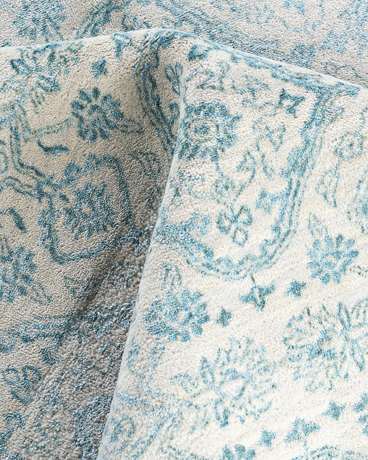 Laine Tapis traditionnel Ikat géométrique noué à la main en soie et laine grise 8' 10