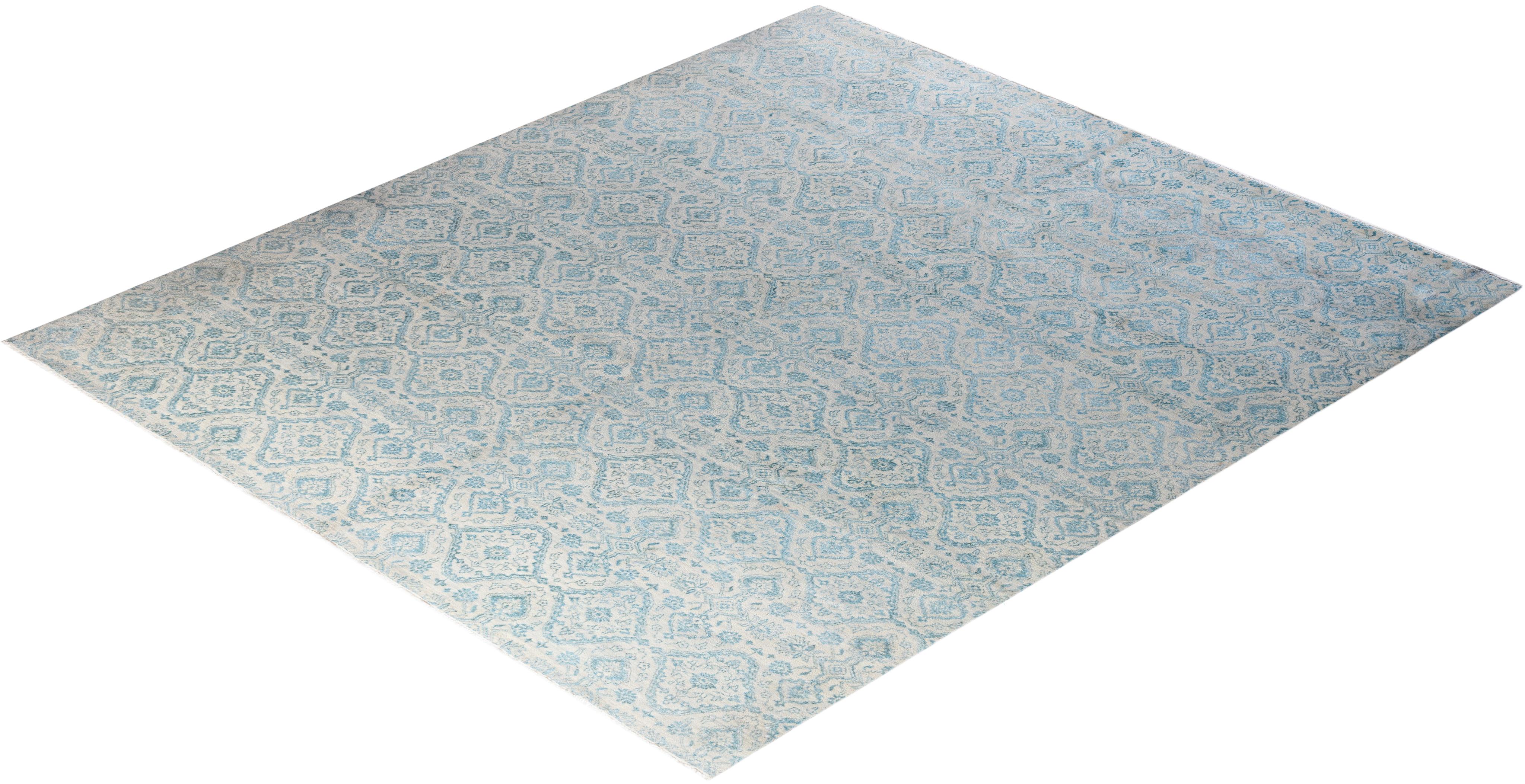 Tapis traditionnel Ikat géométrique noué à la main en soie et laine grise 8' 10