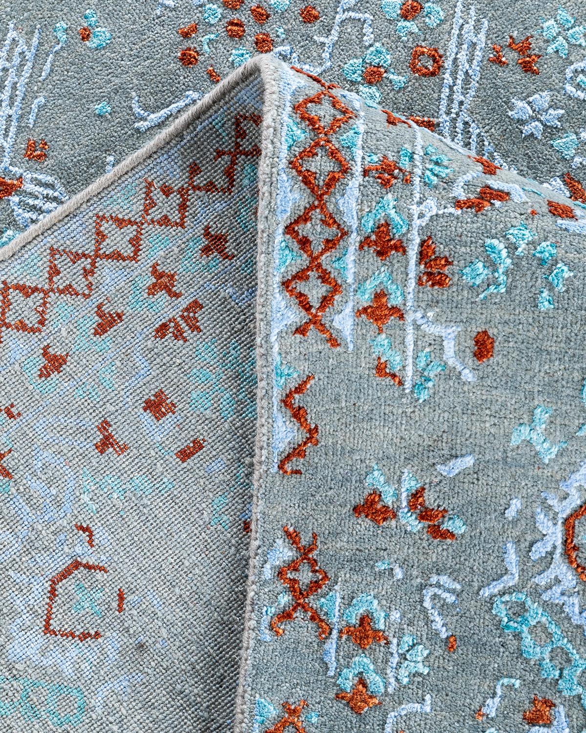 XXI secolo e contemporaneo Tappeto tradizionale Ikat annodato a mano in seta e lana grigia 8'10