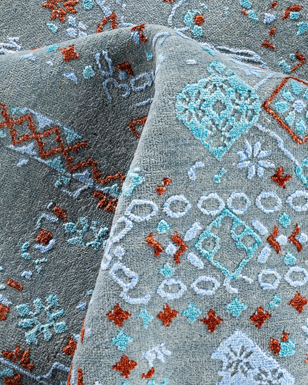 Lana Tappeto tradizionale Ikat annodato a mano in seta e lana grigia 8'10