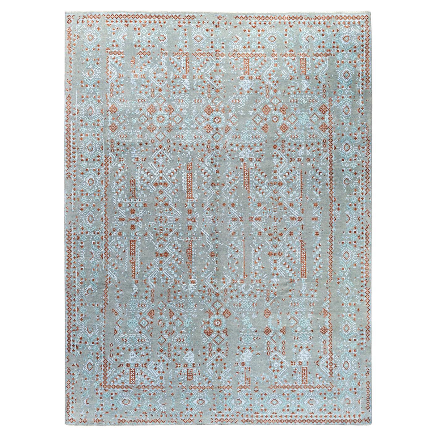 Traditional Ikat Hand Knotted Geometric Silk & Wool Gray Area Rug 8'10" x 11'10"