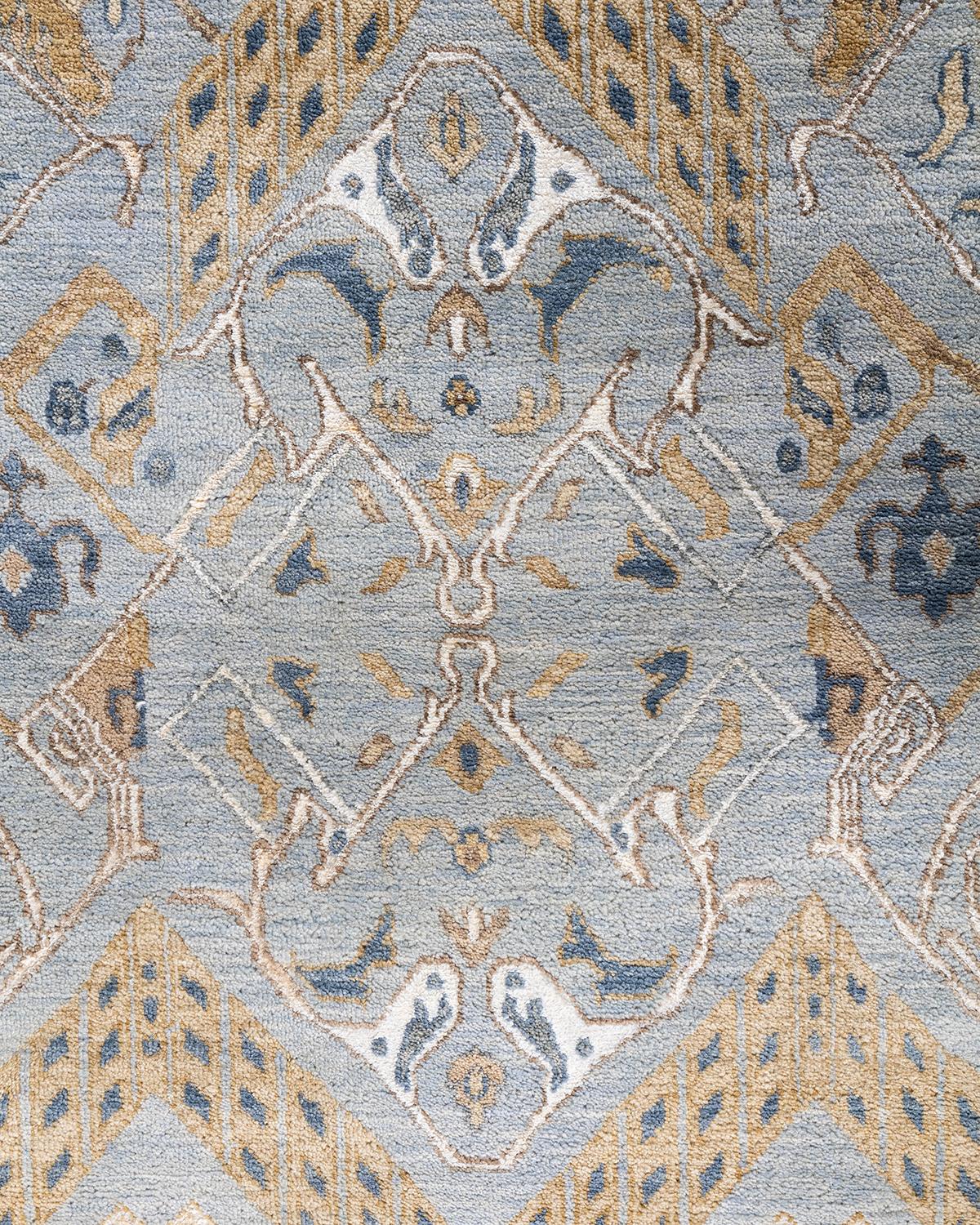 Indian Traditional Ikat Hand Knotted Geometric Silk & Wool Gray Area Rug 9' 1