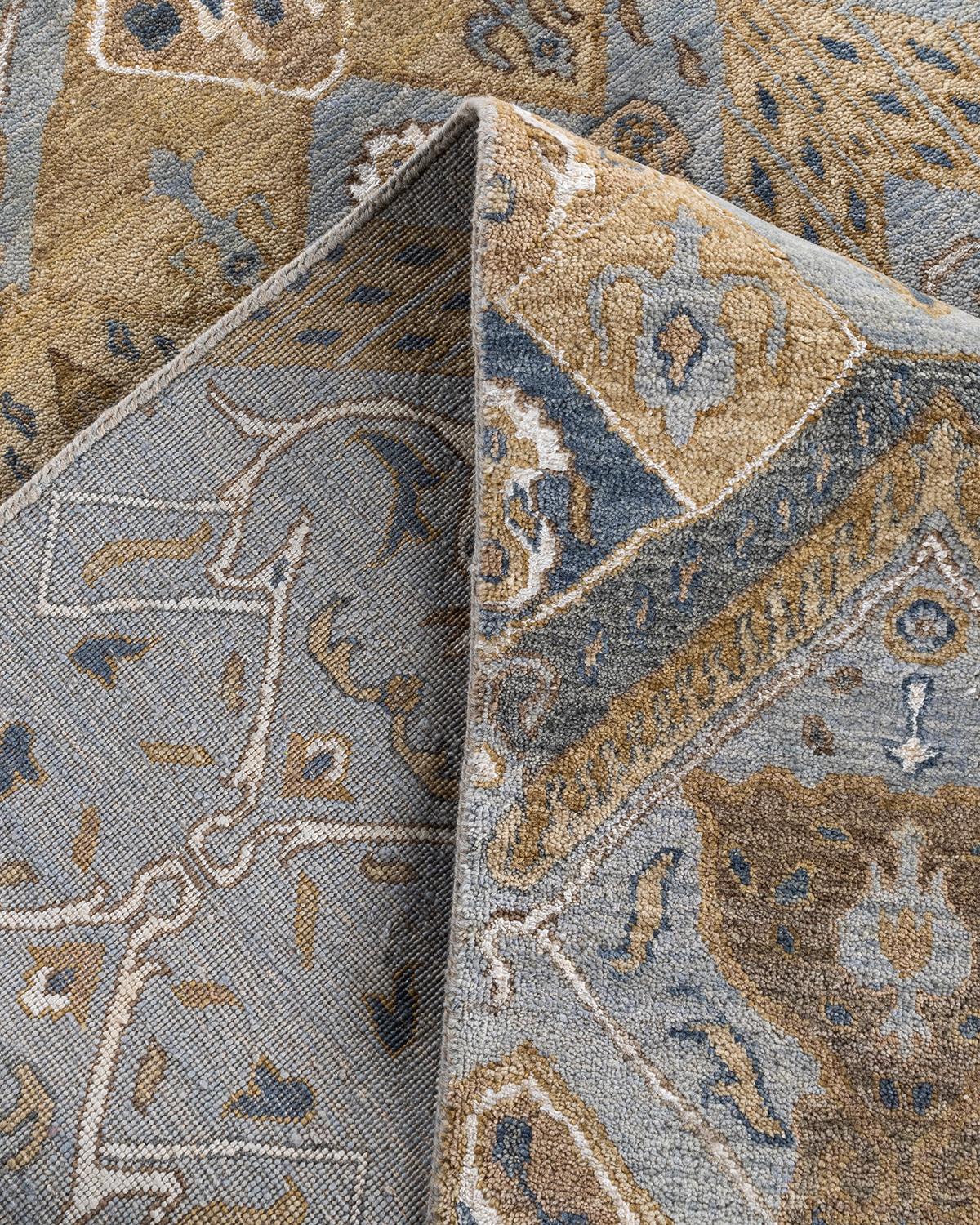 Contemporary Traditional Ikat Hand Knotted Geometric Silk & Wool Gray Area Rug 9' 1