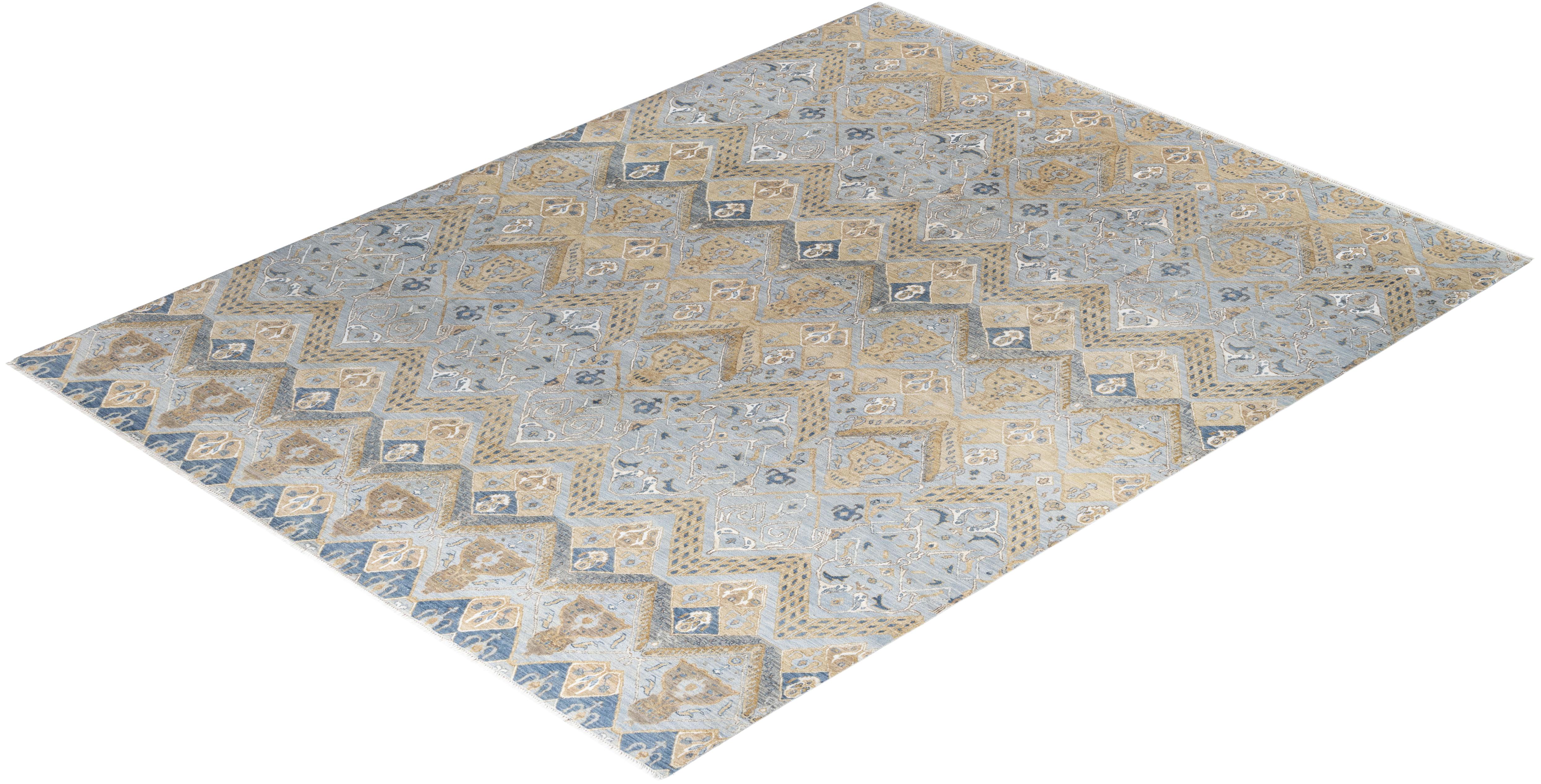 Traditional Ikat Hand Knotted Geometric Silk & Wool Gray Area Rug 9' 1