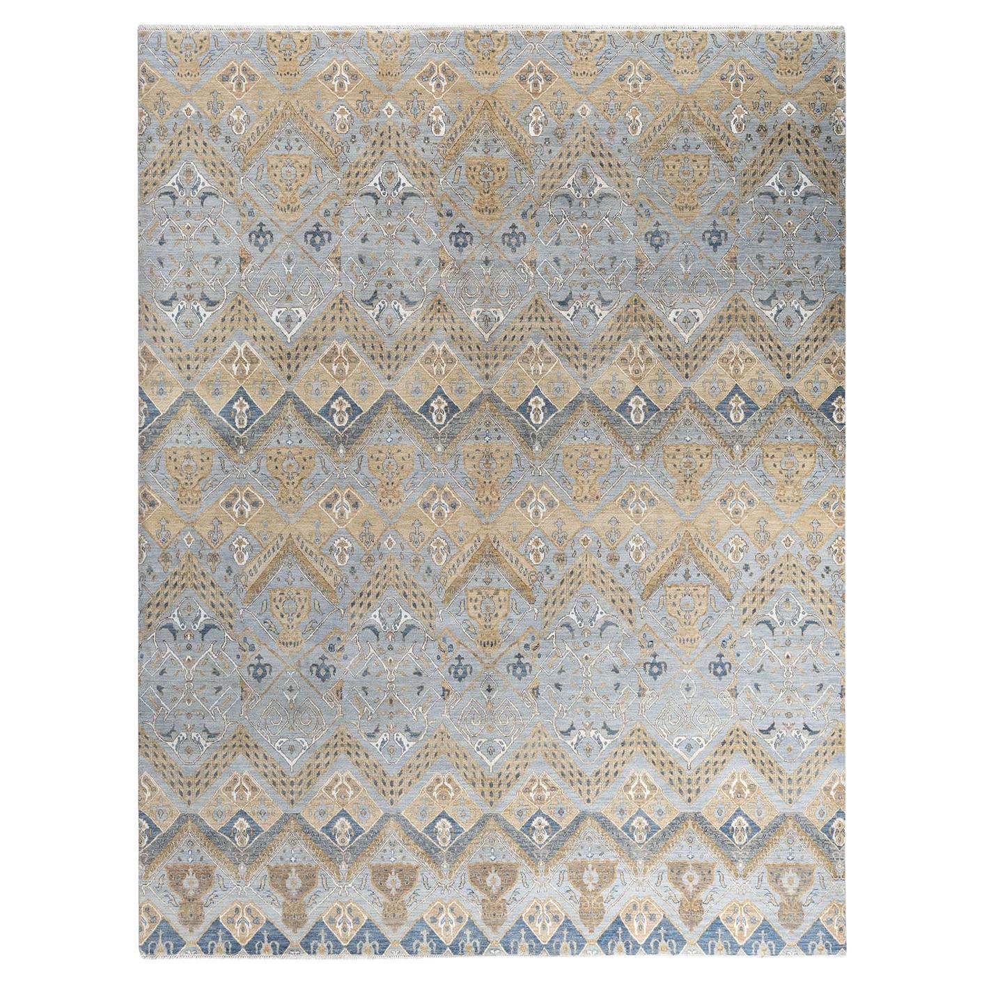Traditional Ikat Hand Knotted Geometric Silk & Wool Gray Area Rug 9' 1" x 11'10"