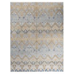 Traditioneller handgeknüpfter geometrischer Ikat-Teppich aus Seide und Wolle in Grau, 9' 1" x 11'10"