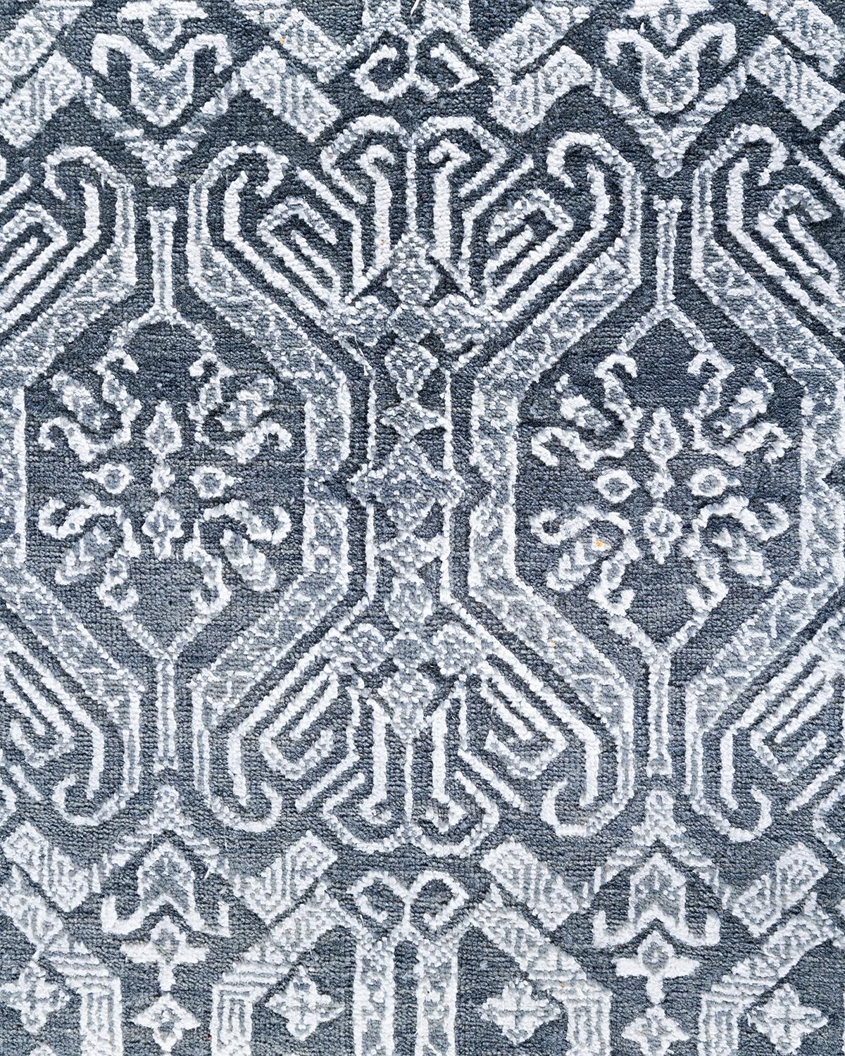 Traditioneller handgeknüpfter geometrischer Ikat-Teppich aus Seide und Wolle in Grau 9' 1