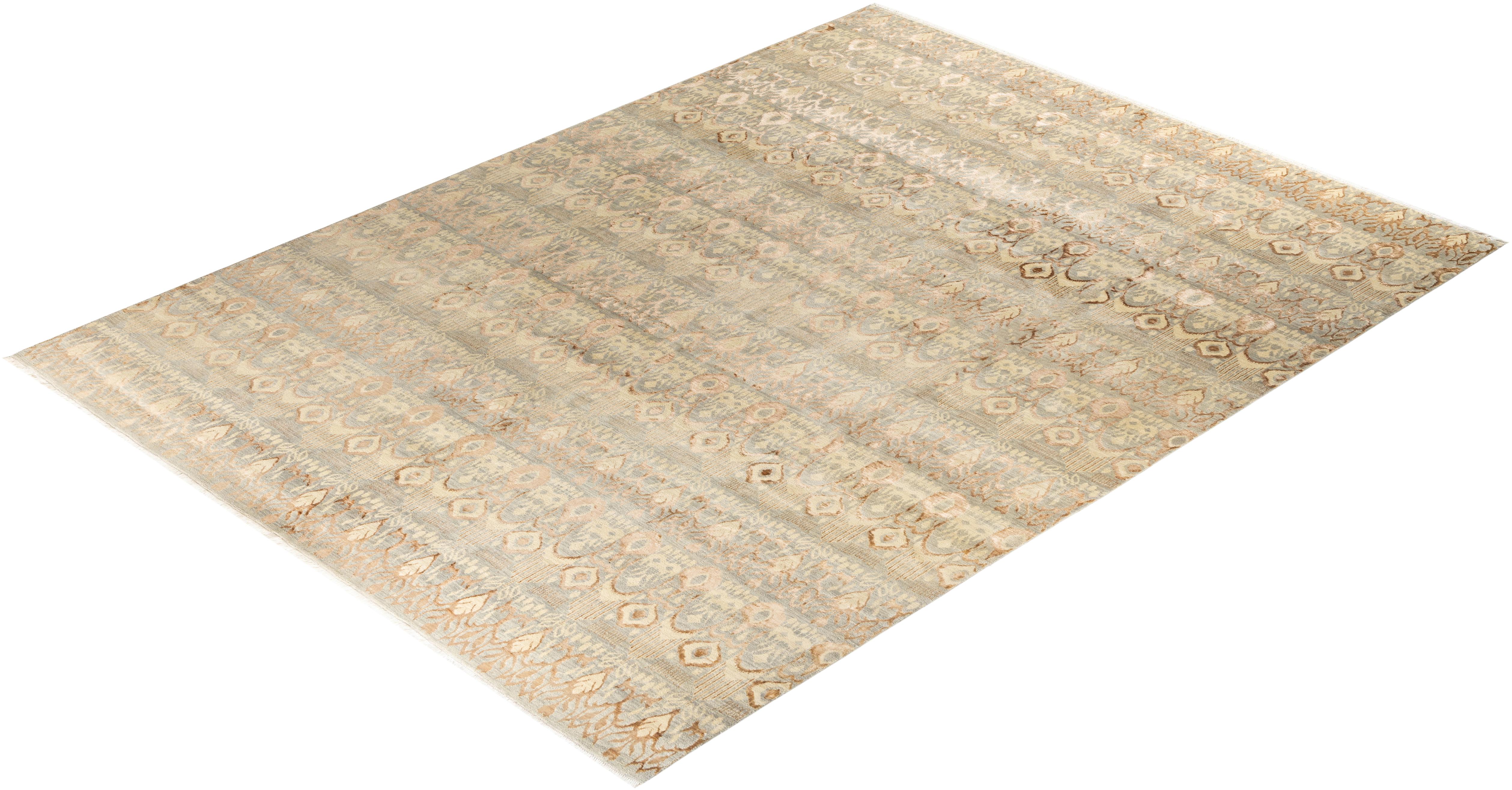 Traditioneller handgeknüpfter geometrischer Ikat-Teppich aus Seide und Wolle in Grau 9' 1