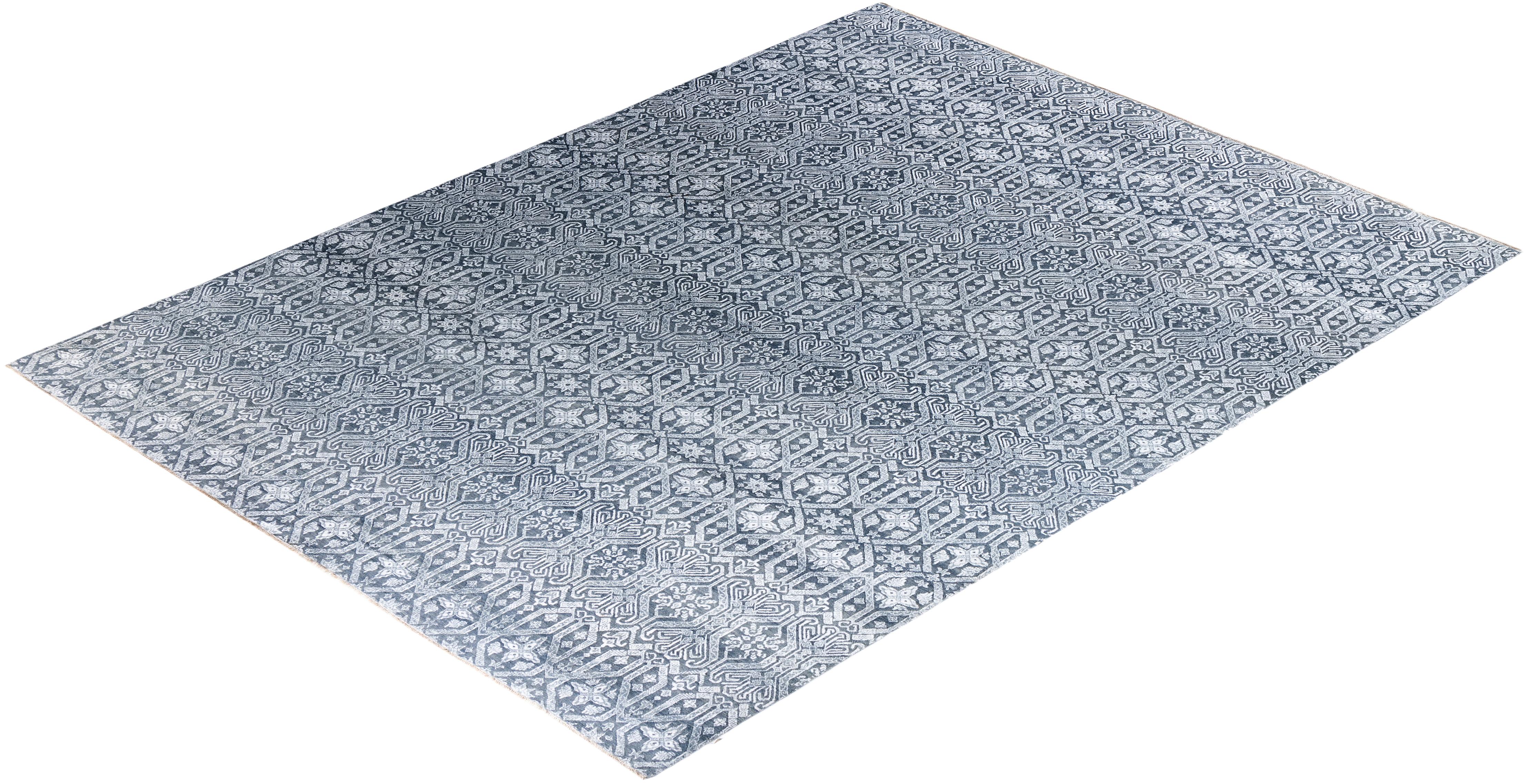 Traditioneller handgeknüpfter geometrischer Ikat-Teppich aus Seide und Wolle in Grau 9' 1