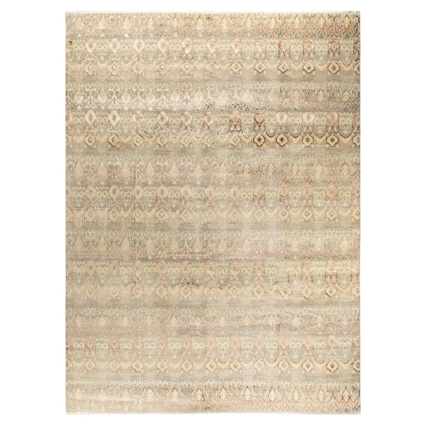 Traditioneller handgeknüpfter geometrischer Ikat-Teppich aus Seide und Wolle in Grau 9' 1" x 12' 3"