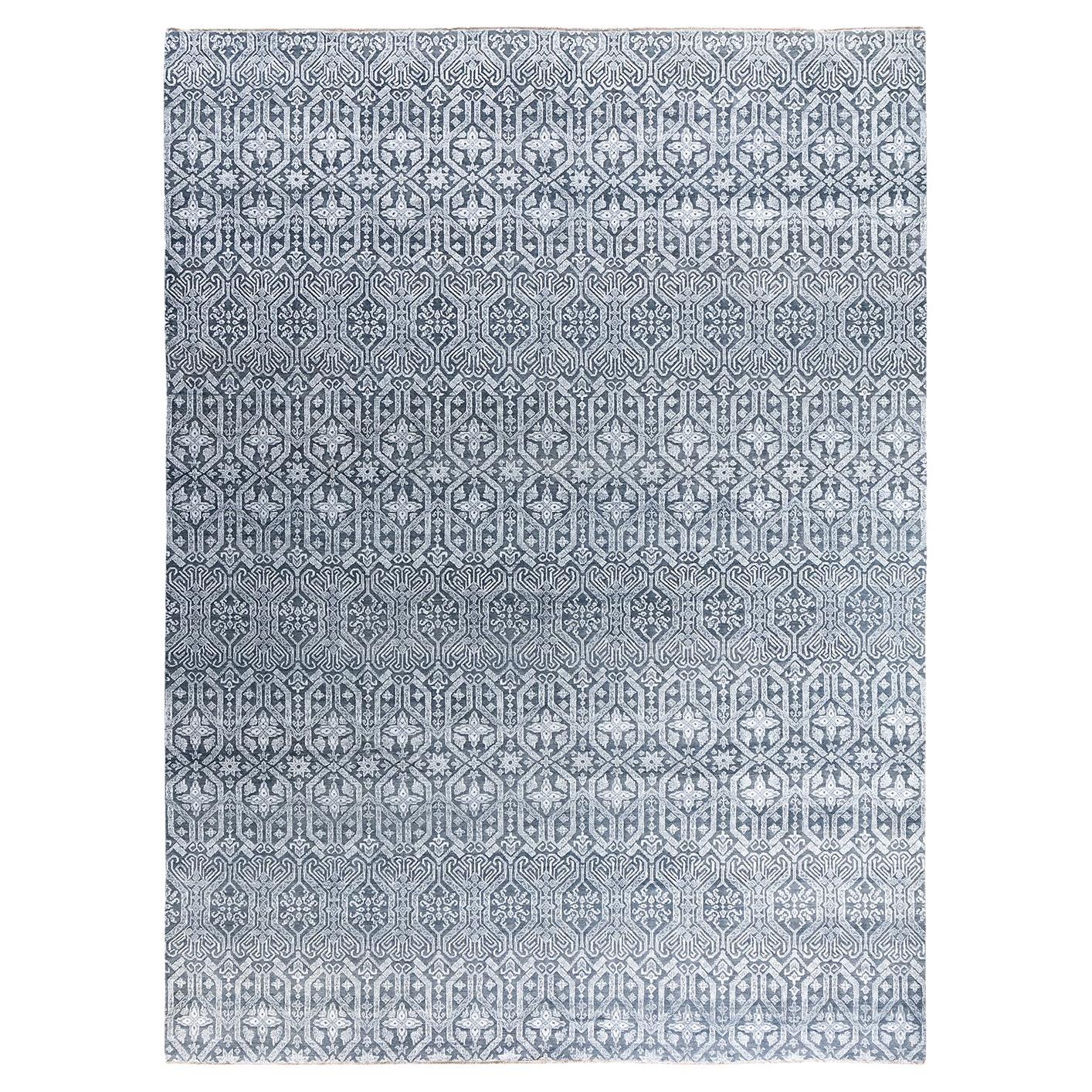 Traditioneller handgeknüpfter geometrischer Ikat-Teppich aus Seide und Wolle in Grau 9' 1" x 12' 3" im Angebot