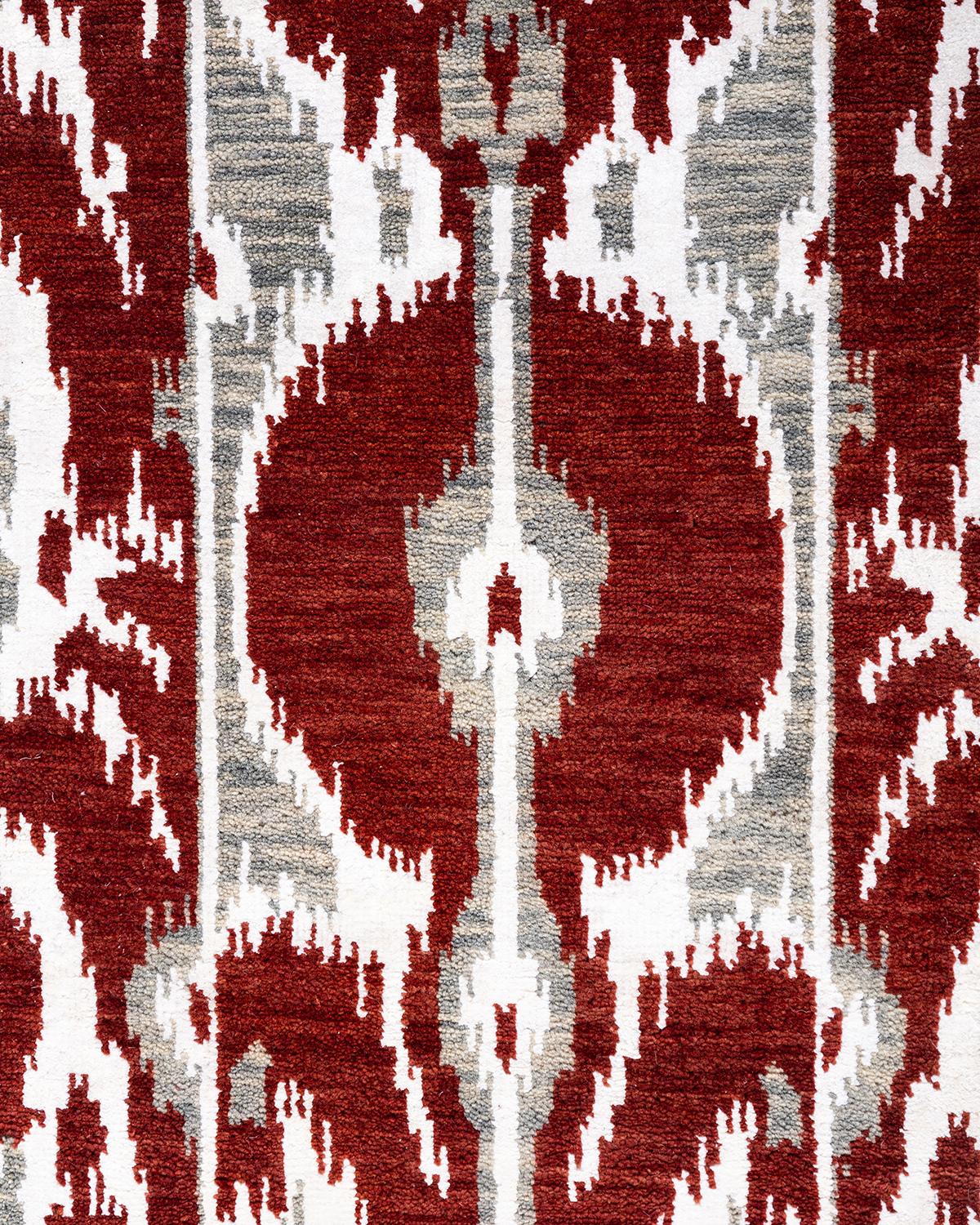 Indiano Tappeto tradizionale Ikat annodato a mano in seta e lana color ruggine 8' 1