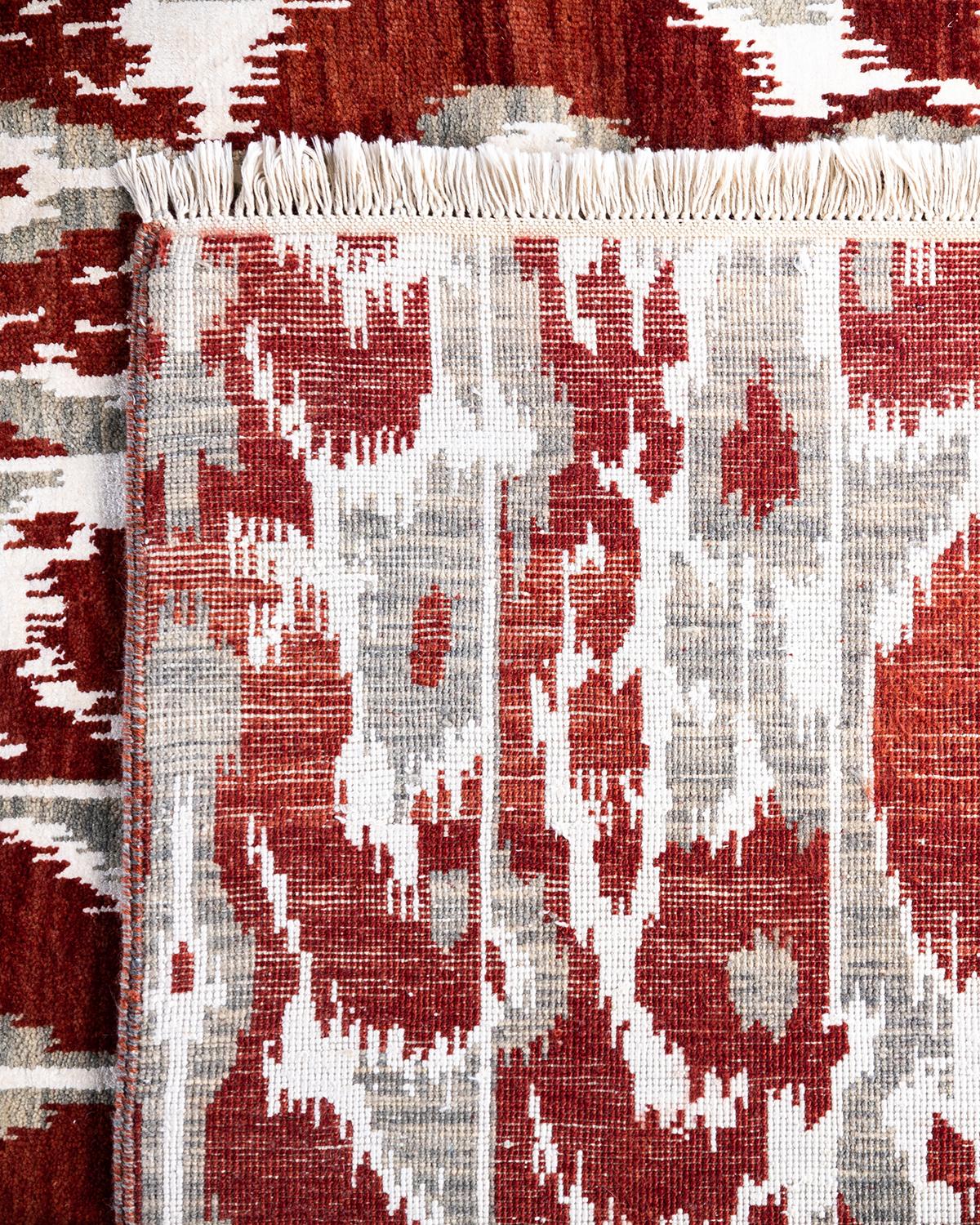 Tappeto tradizionale Ikat annodato a mano in seta e lana color ruggine 8' 1