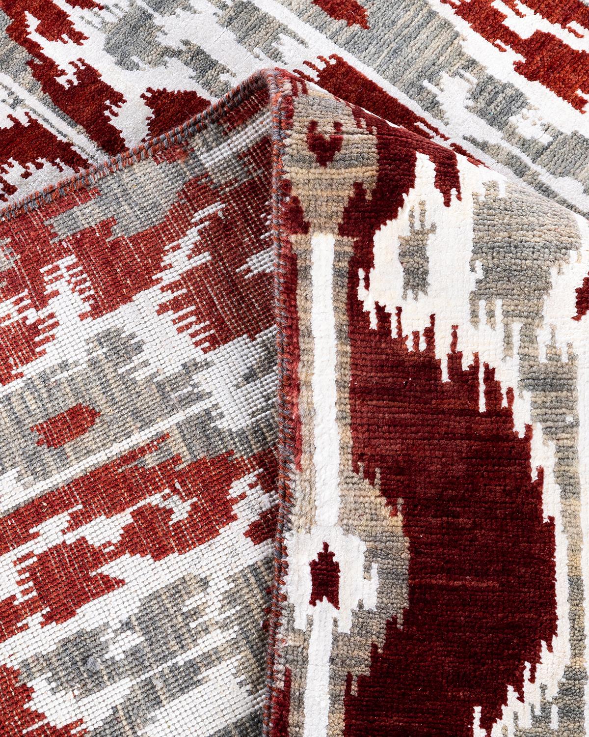 XXI secolo e contemporaneo Tappeto tradizionale Ikat annodato a mano in seta e lana color ruggine 8' 1