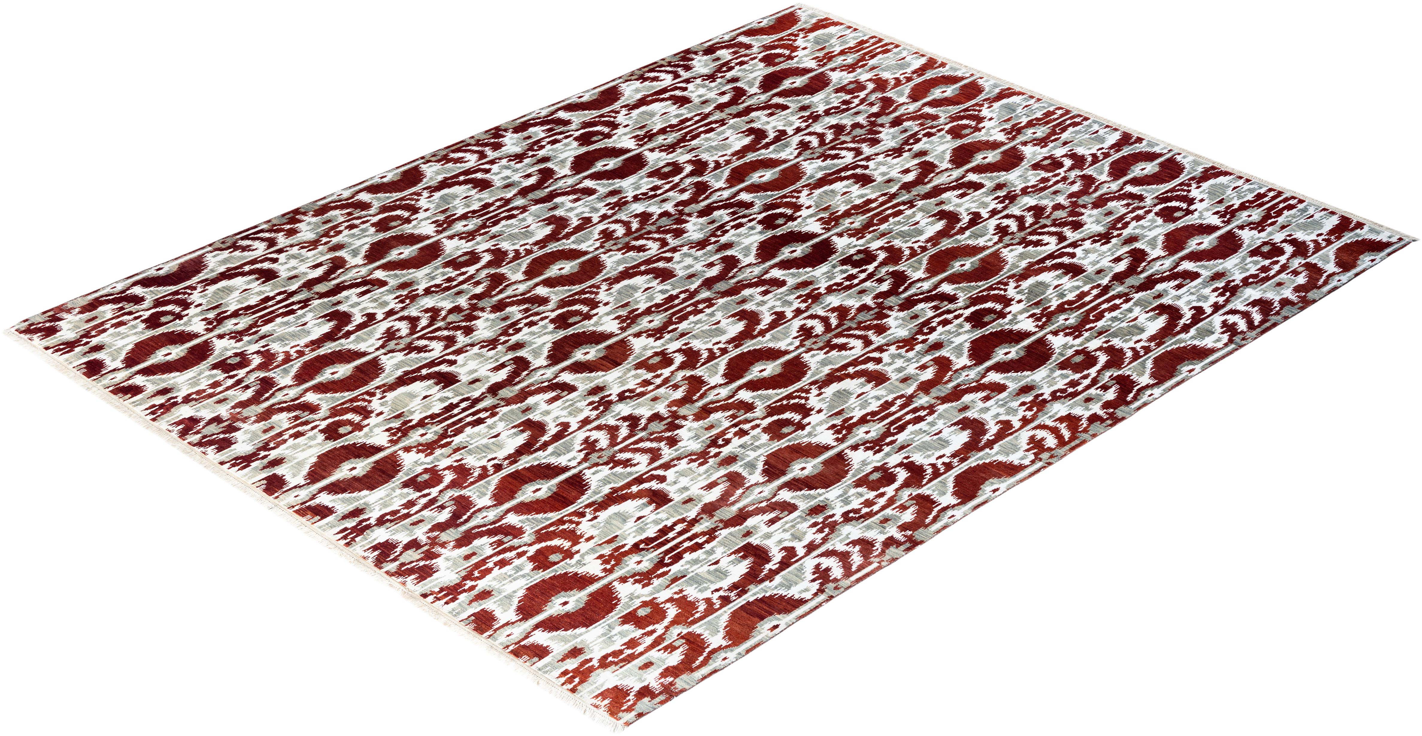 Tappeto tradizionale Ikat annodato a mano in seta e lana color ruggine 8' 1
