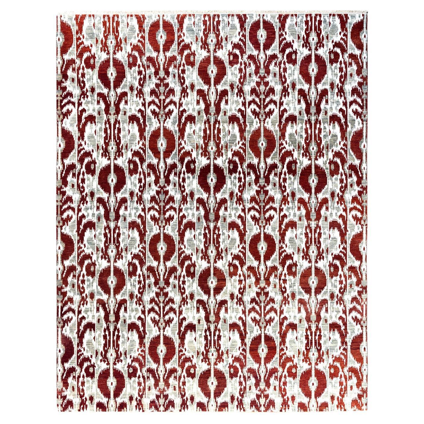 Traditioneller handgeknüpfter geometrischer Ikat-Teppich aus Seide und Wolle in Rost, 8' 1" x 10' 4"