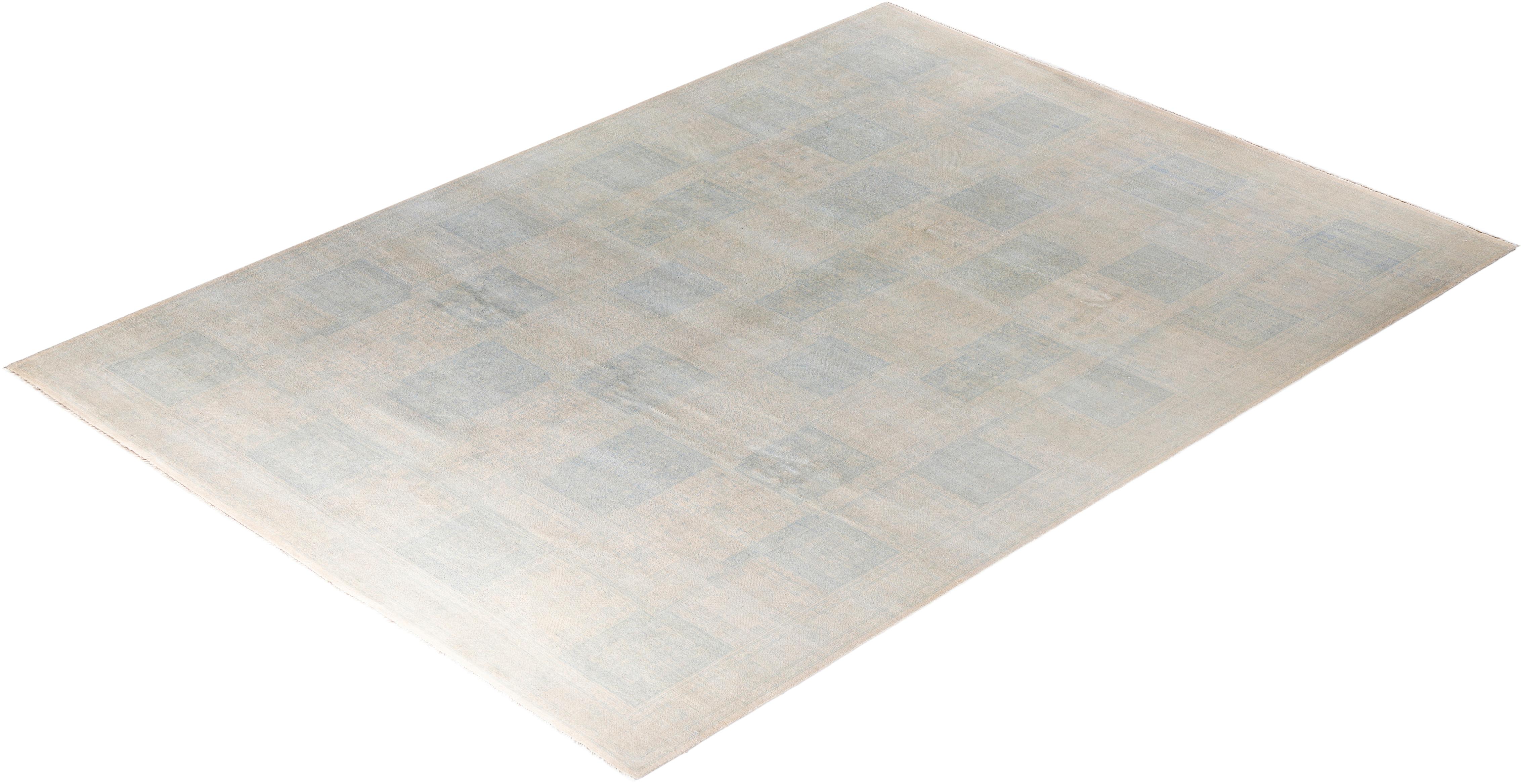 Traditioneller handgeknüpfter geometrischer Ikat-Teppich aus Wolle in Elfenbein 9' 1