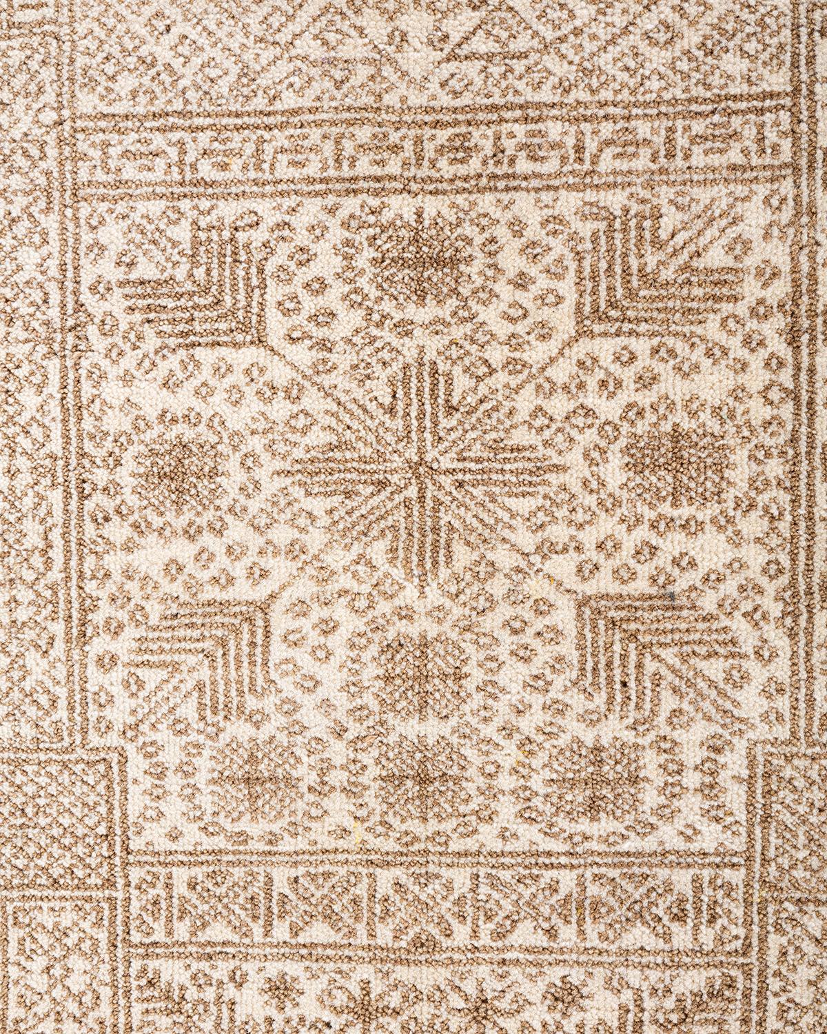 Indian Traditional Ikat Hand Knotted Geometric Wool Ivory Area Rug 9' 2