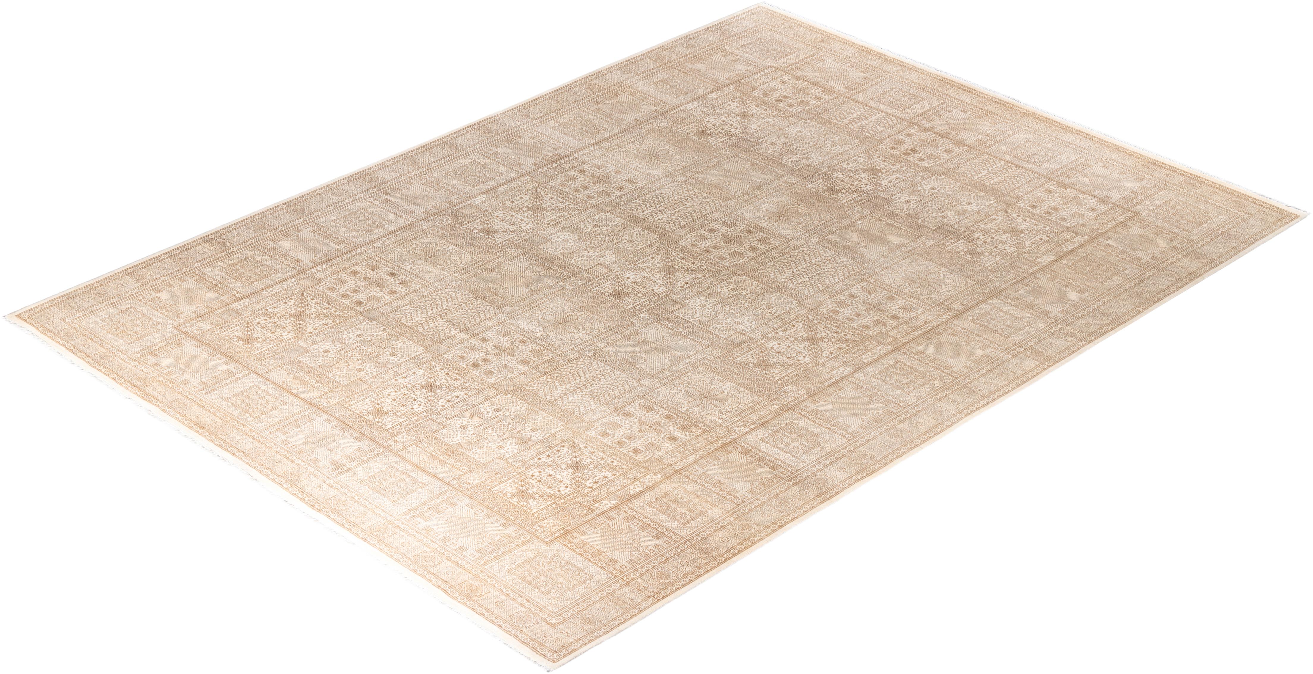Traditional Ikat Hand Knotted Geometric Wool Ivory Area Rug 9' 2